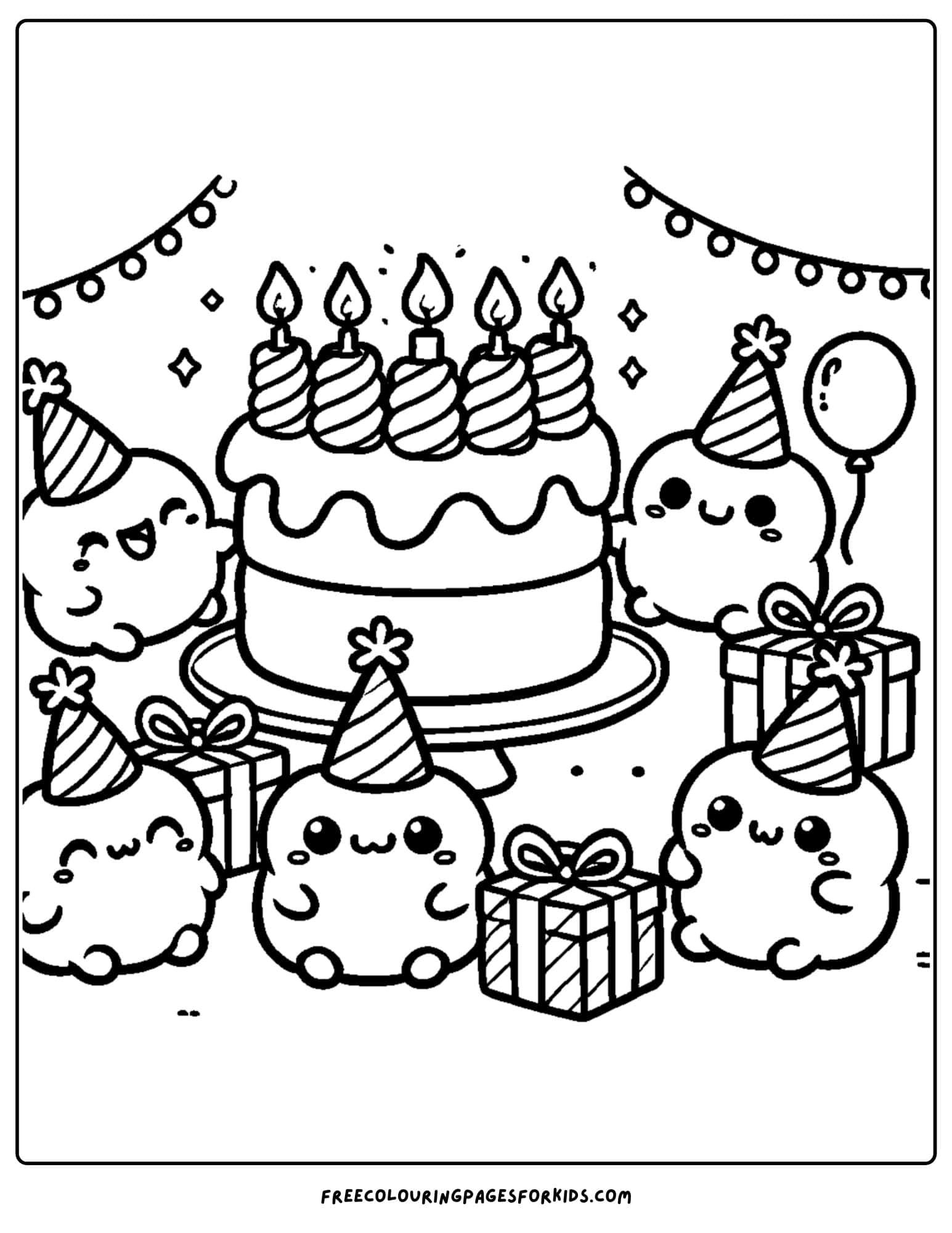 squishmallows at a birthday coloring page