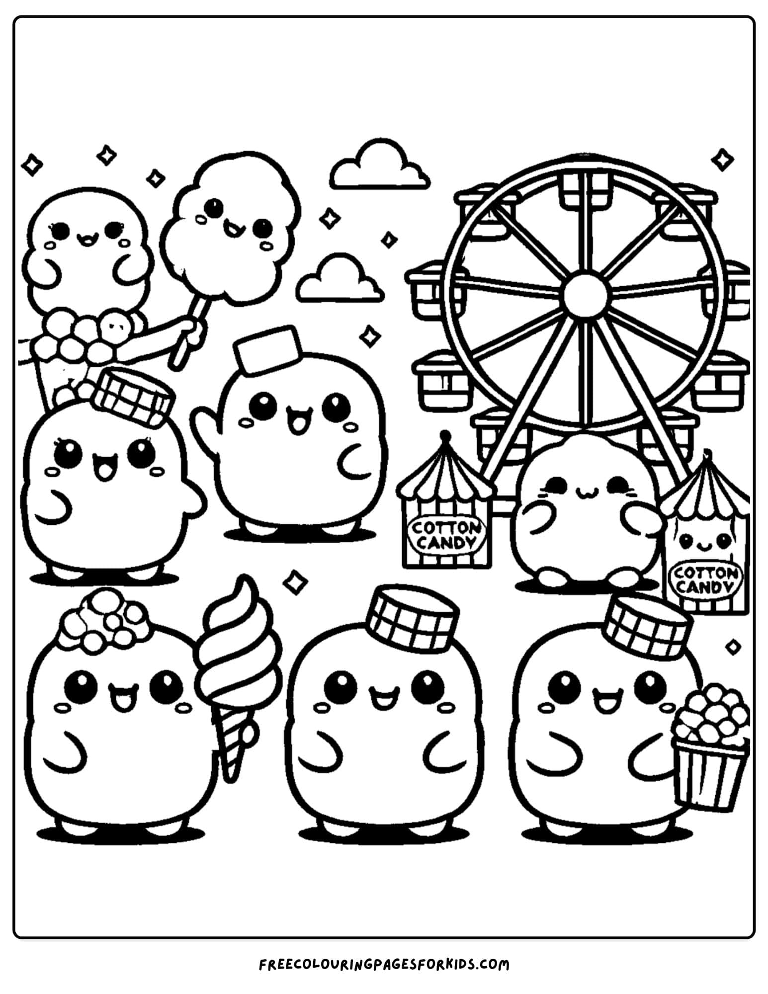 squishmallows at a carnival coloring page