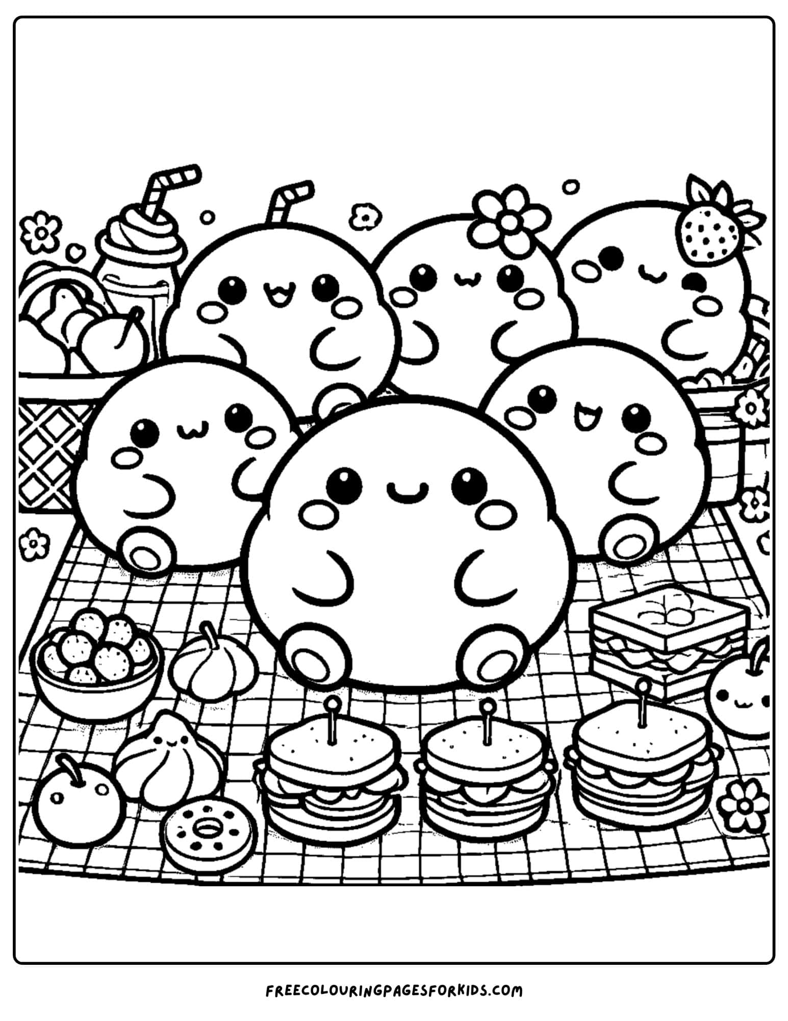 squishmallows at a picnic coloring page