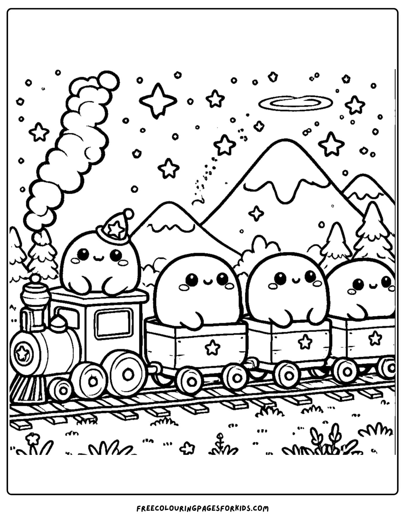 squishmallows on a train coloring page