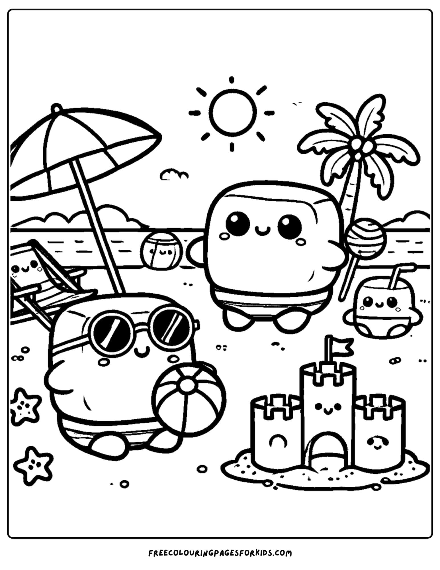 squishmallows at the beach coloring page