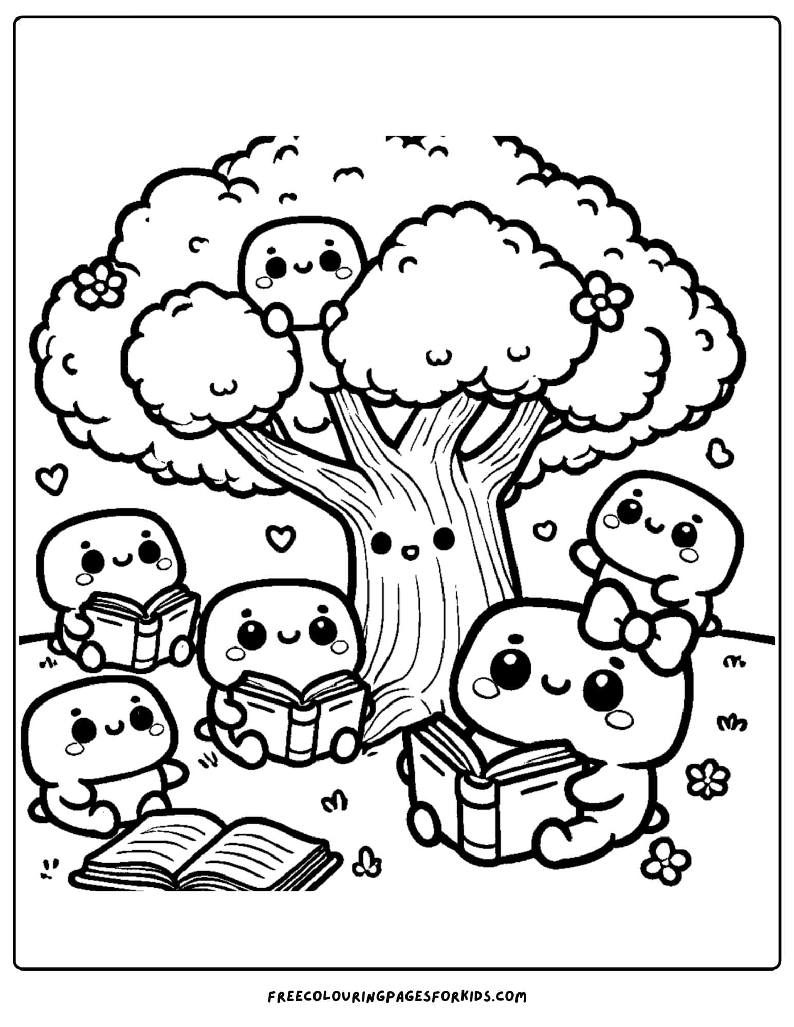 squishmallows reading under a tree coloring page