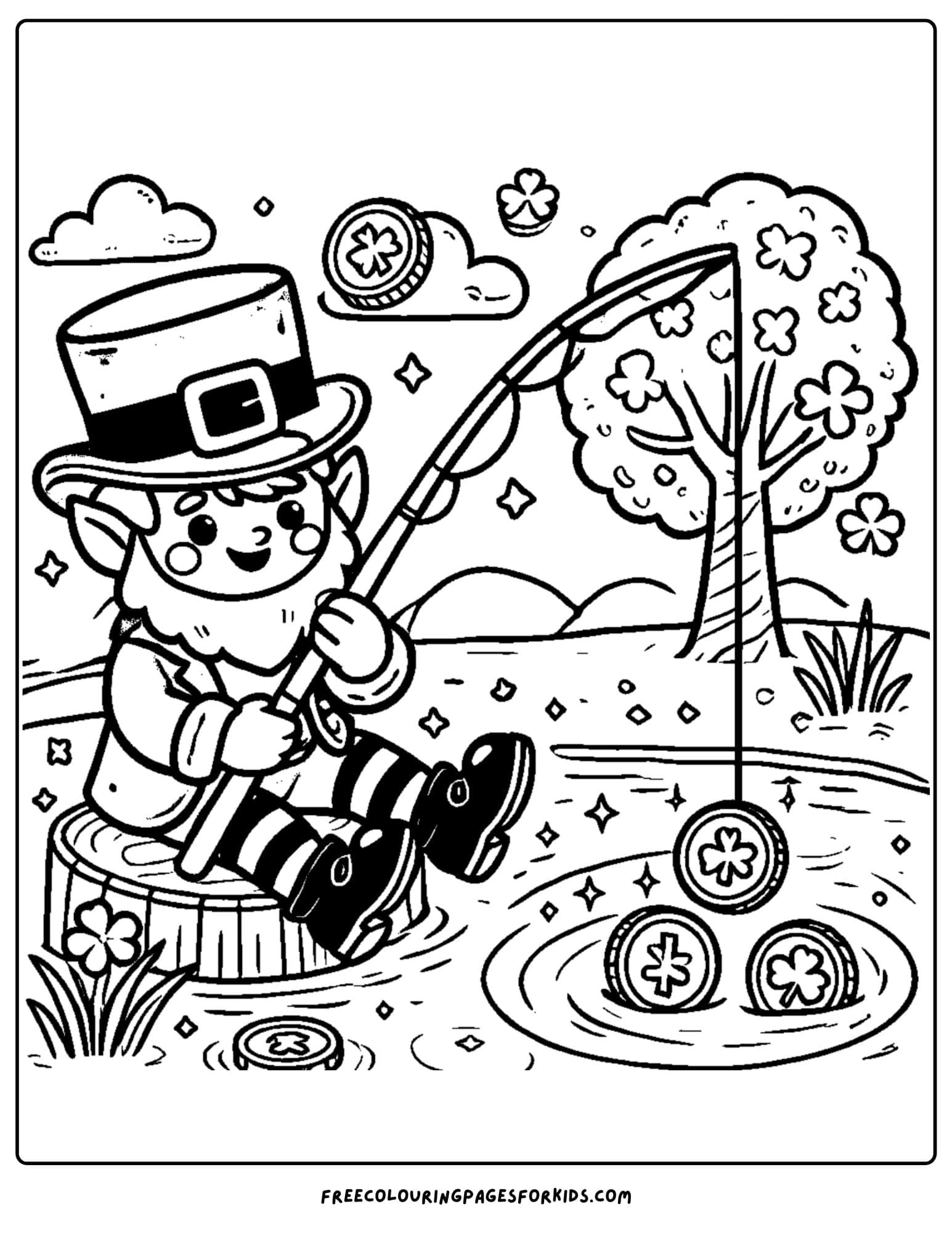 st patricks day leprechaun fishing coloring page