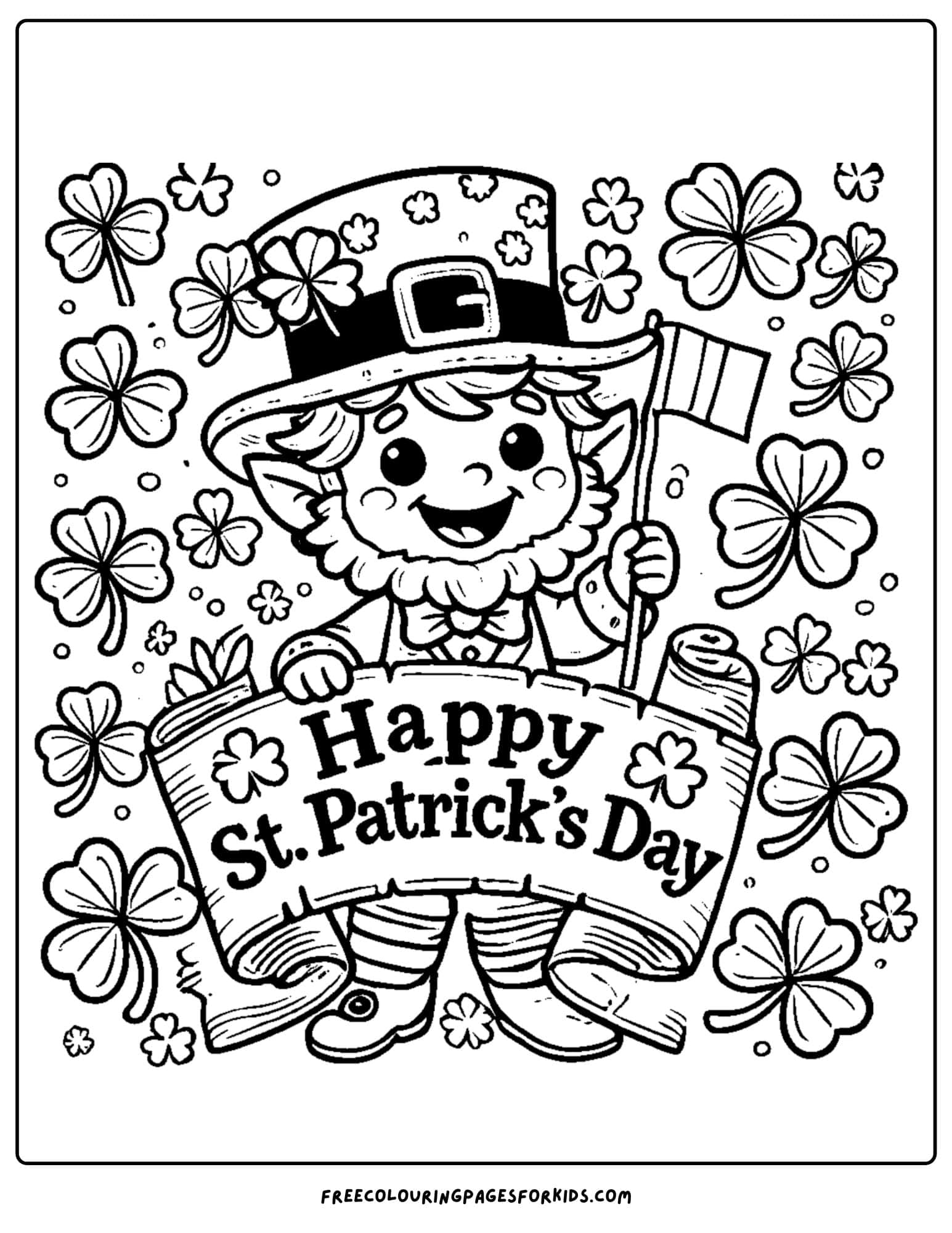 st patricks day leprechaun holding a banner coloring page