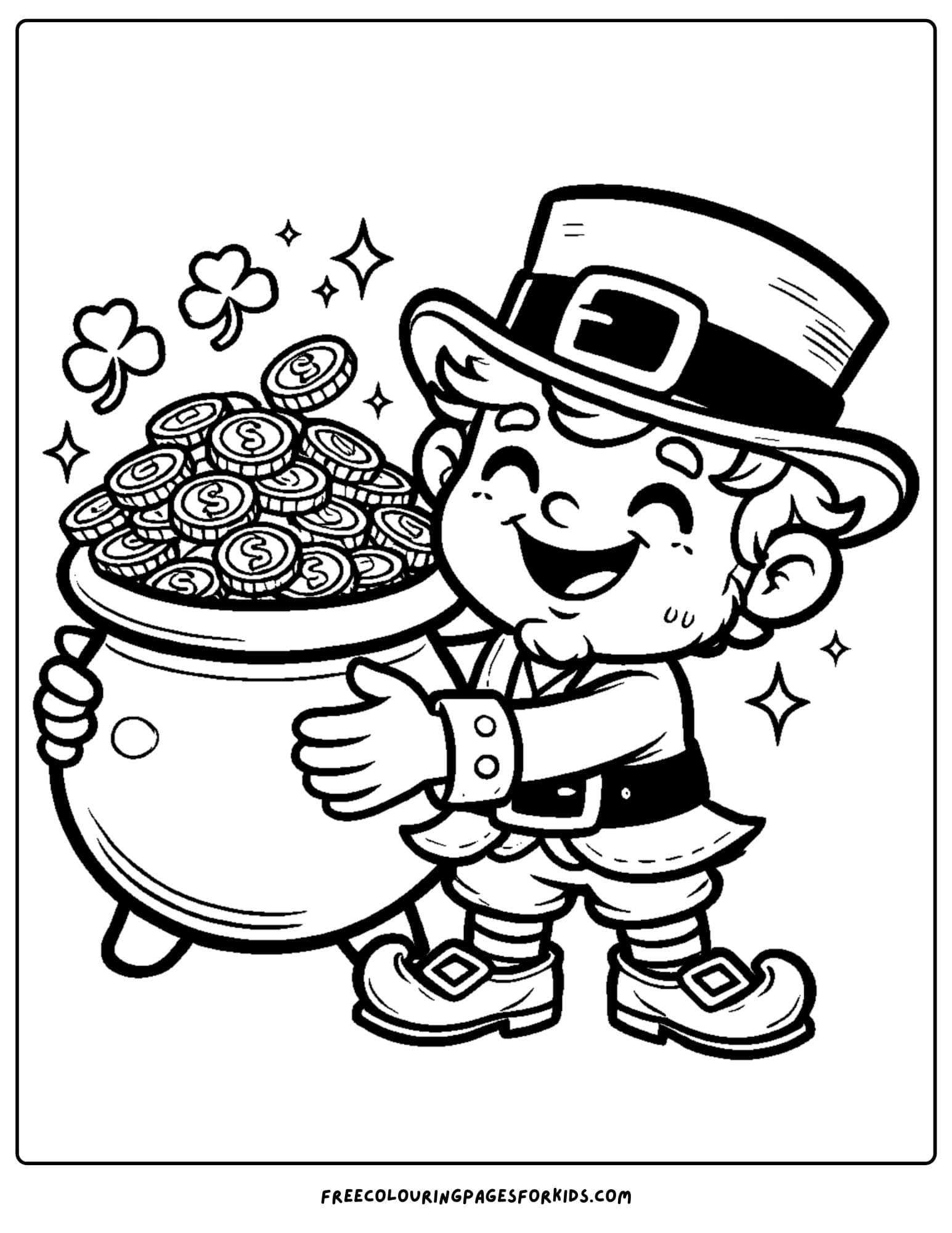 st patricks day leprechaun holding a pot of gold coloring page