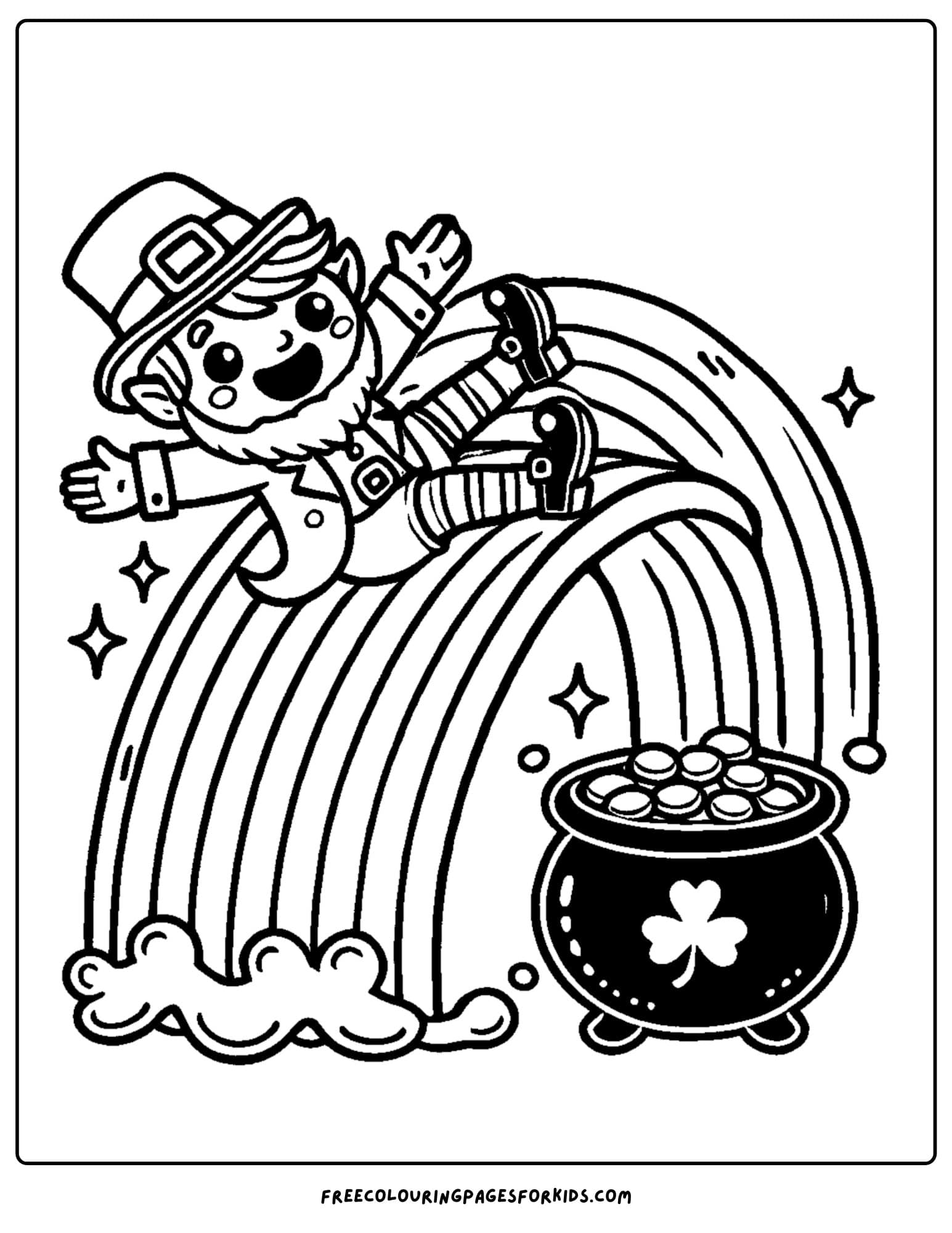 st patricks day sliding down a rainbow to a pot of gold coloring page