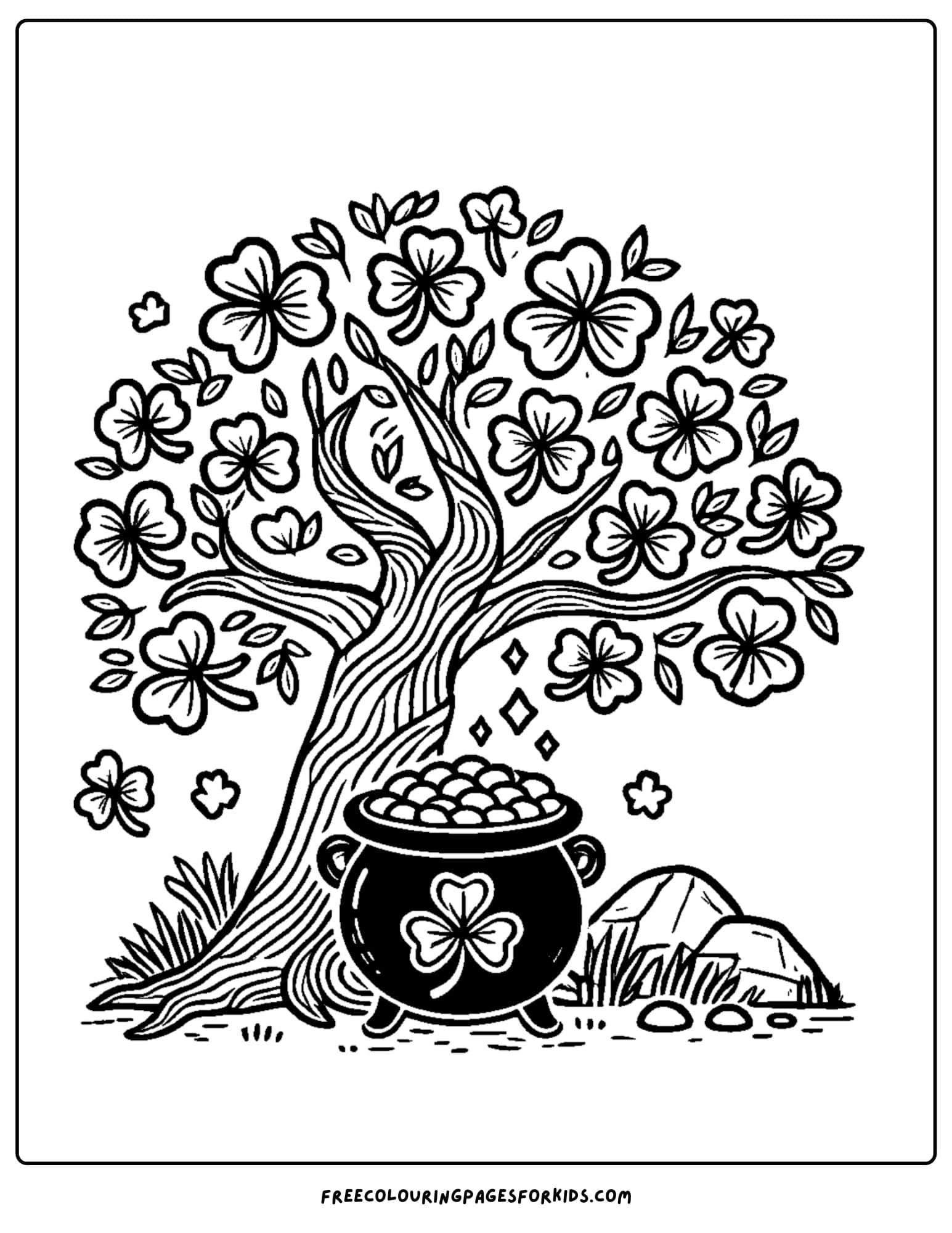 st patricks day pot of gold under a tree coloring page