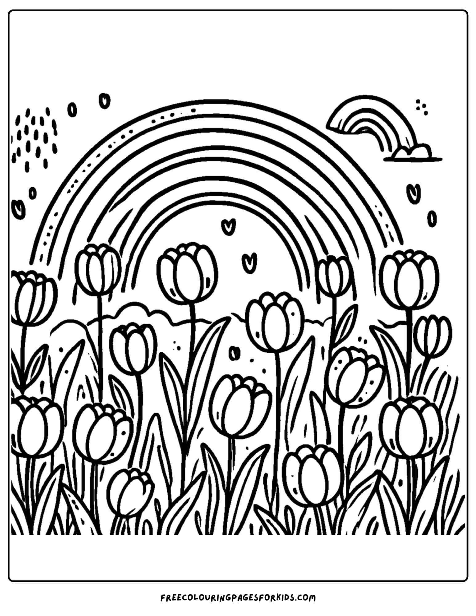 tulip field under a rainbow coloring page