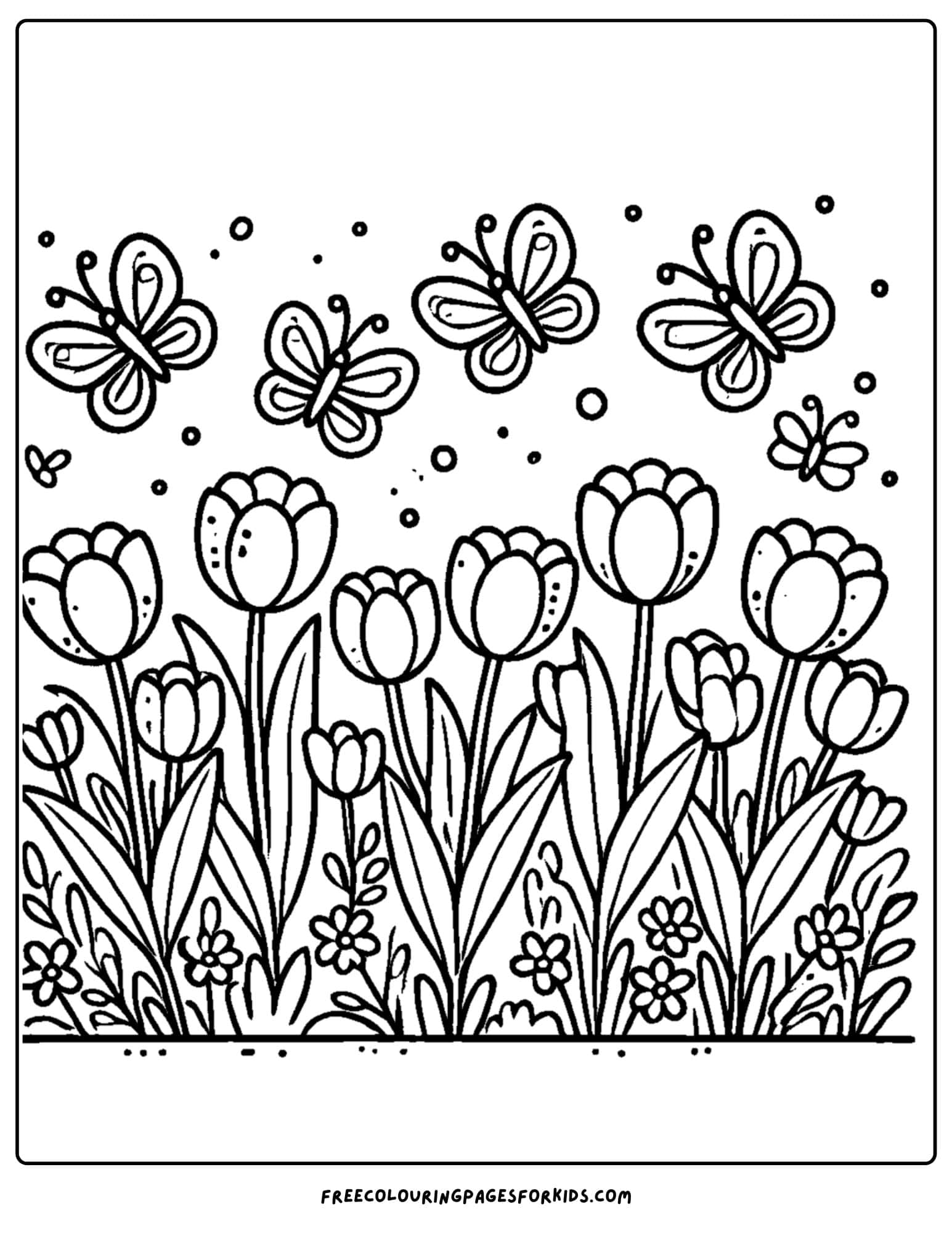 tulips with butterflies above coloring page