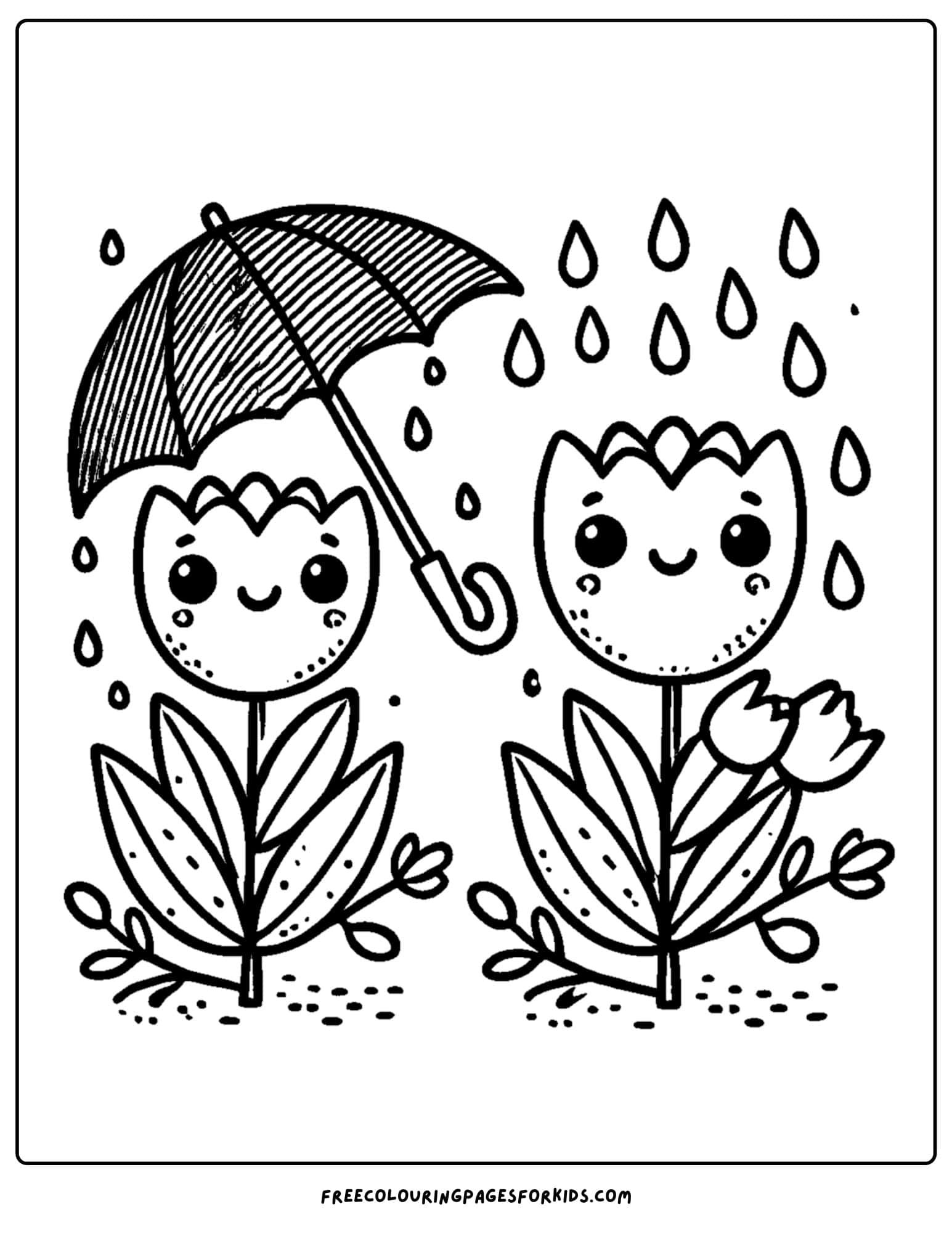 tulips in the rain with an umbrella coloring page