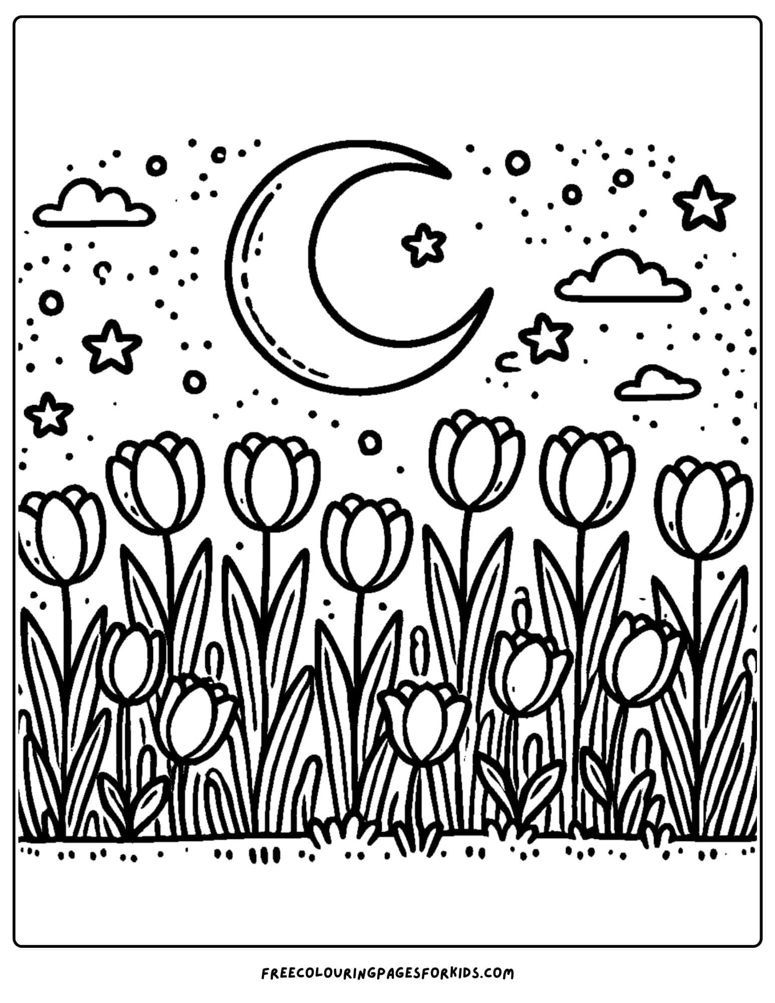 tulips under the moon and stars coloring page