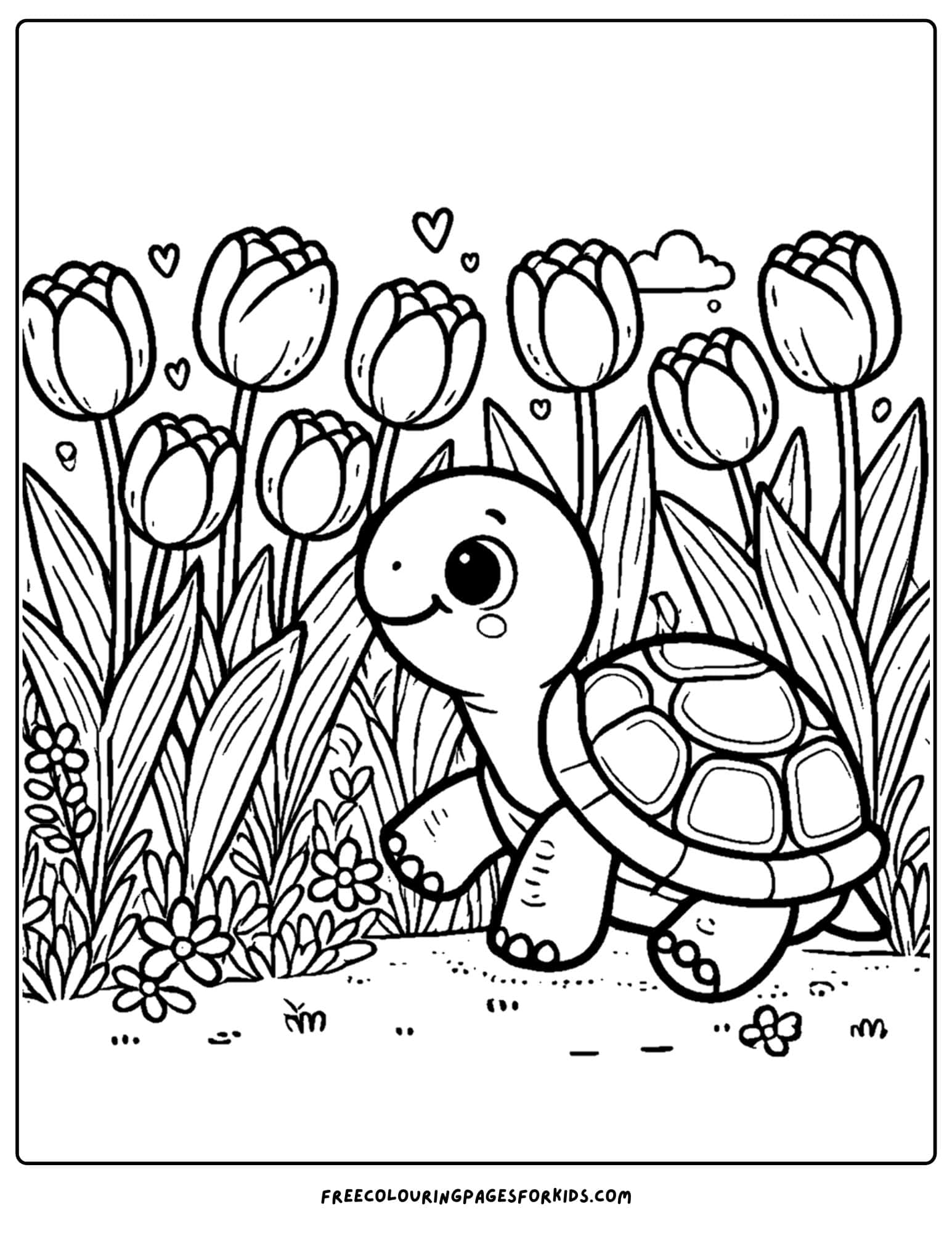 tulips and a turtle coloring page