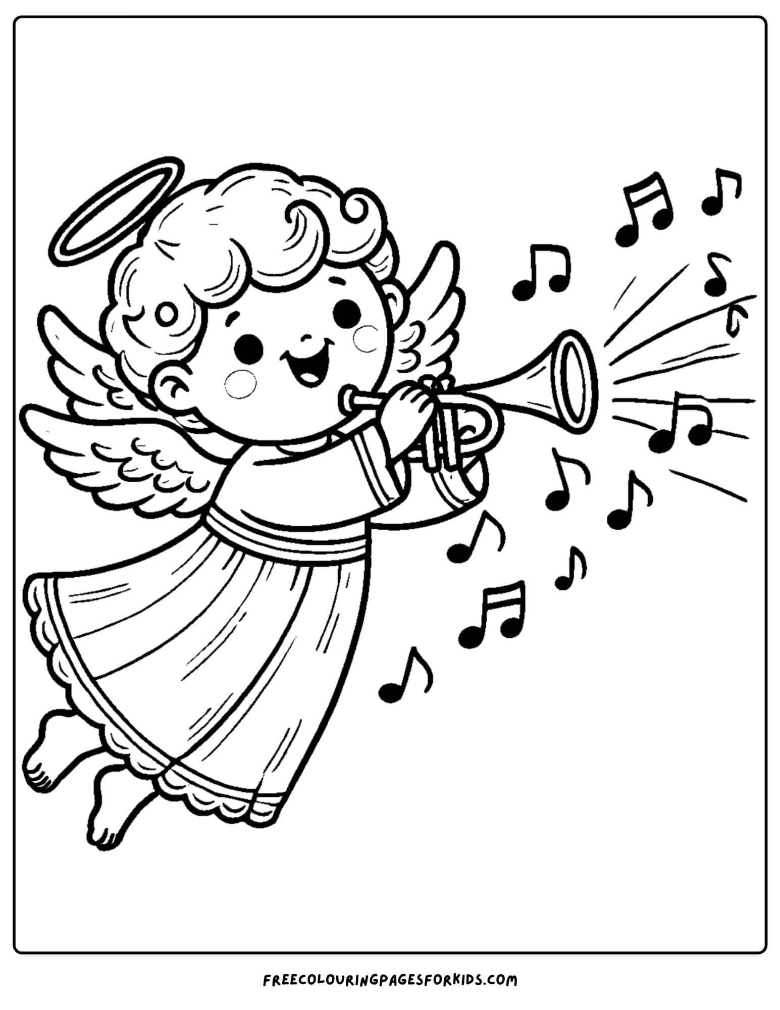 angel blowing a trumpet to make music coloring page