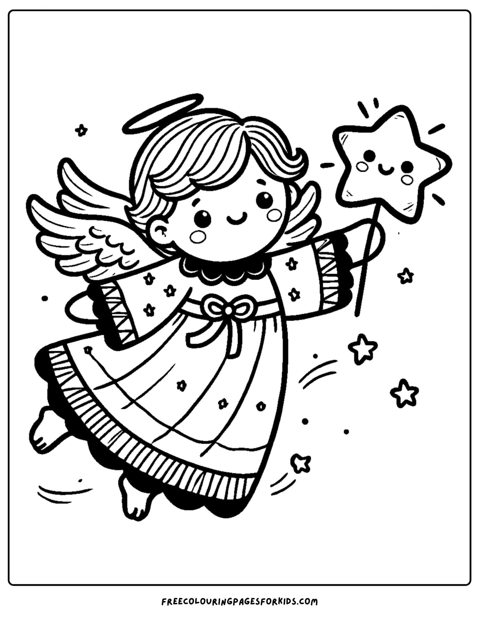 angel flying with a star wand coloring page