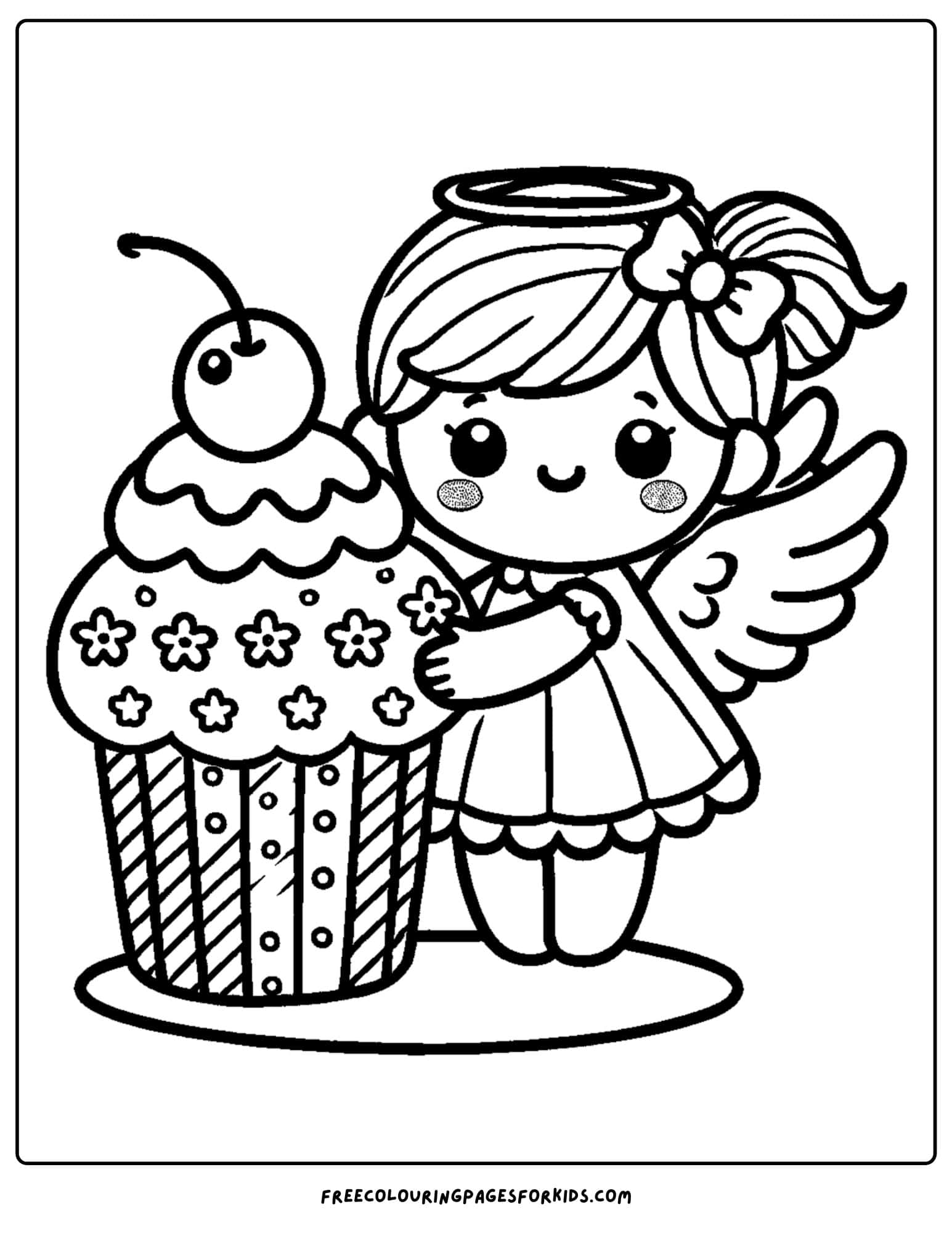 angel holding a cupcake coloring page