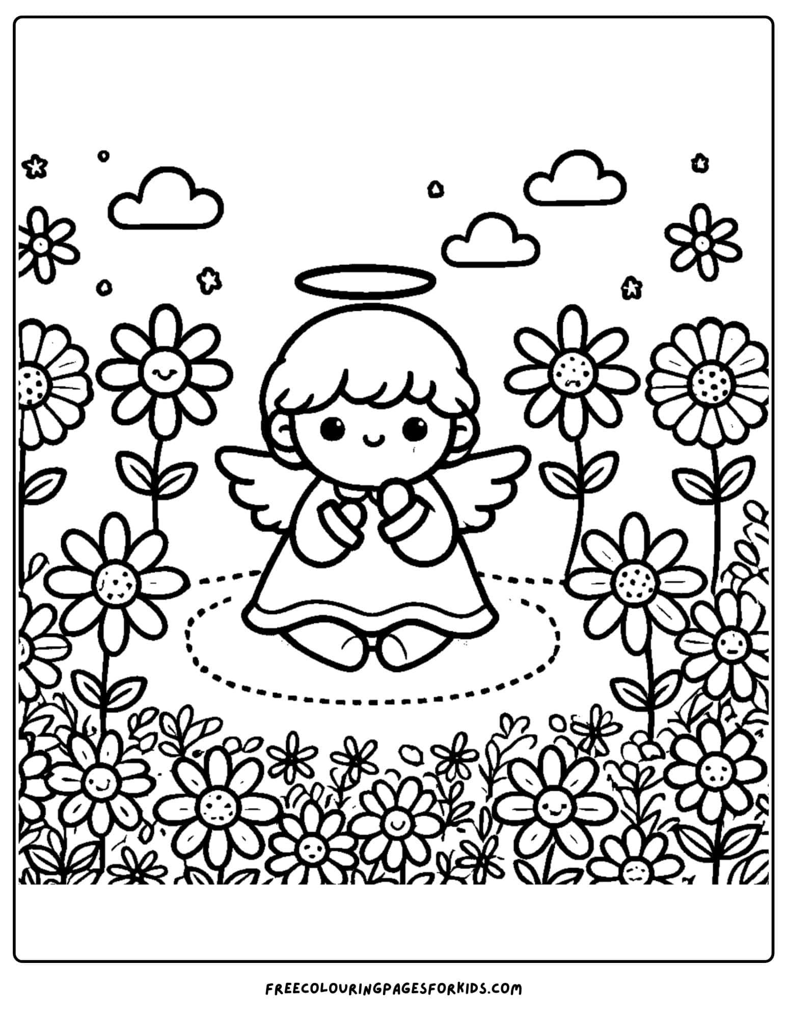 angel sitting in a flower garden coloring page