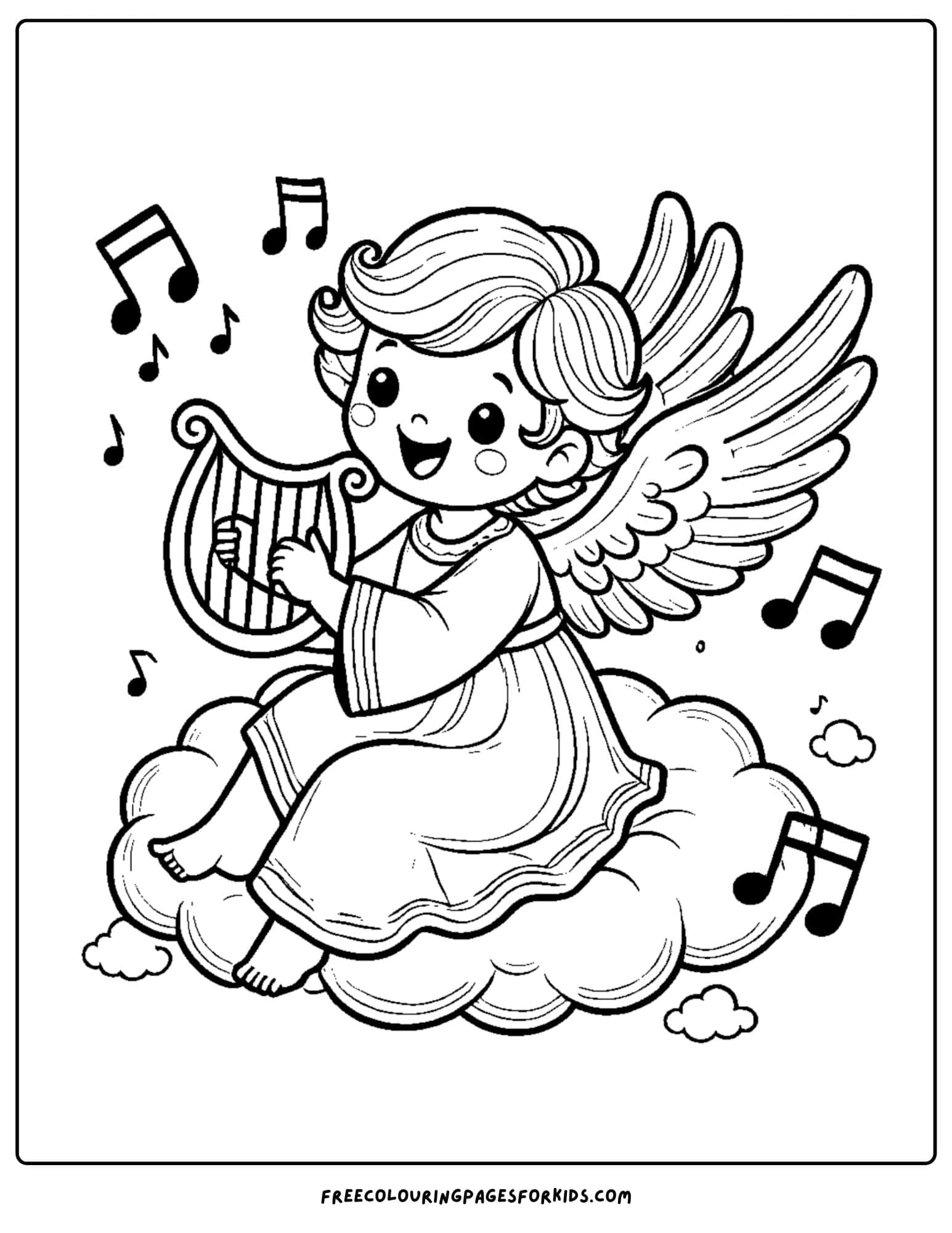 angel playing a harp coloring page