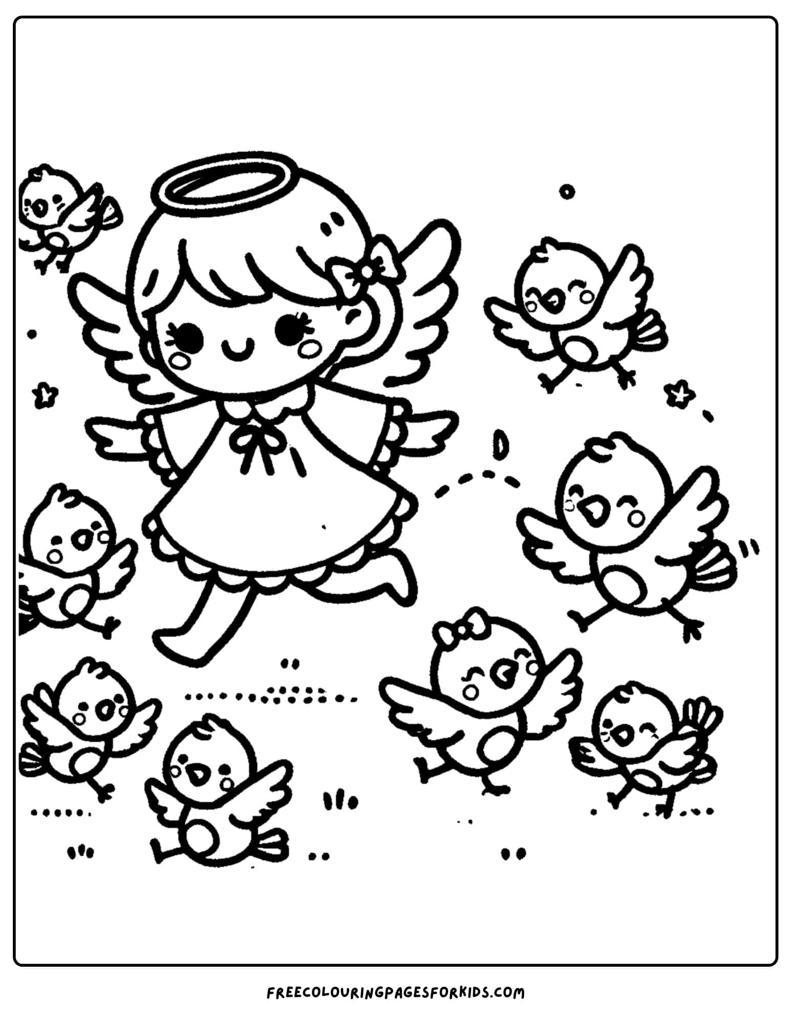 angel playing with birds coloring page