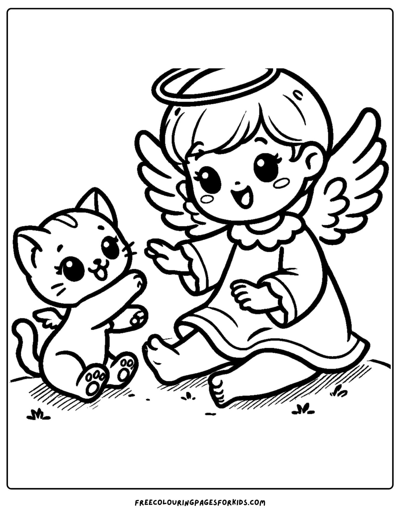 angel playing with a kitten coloring page