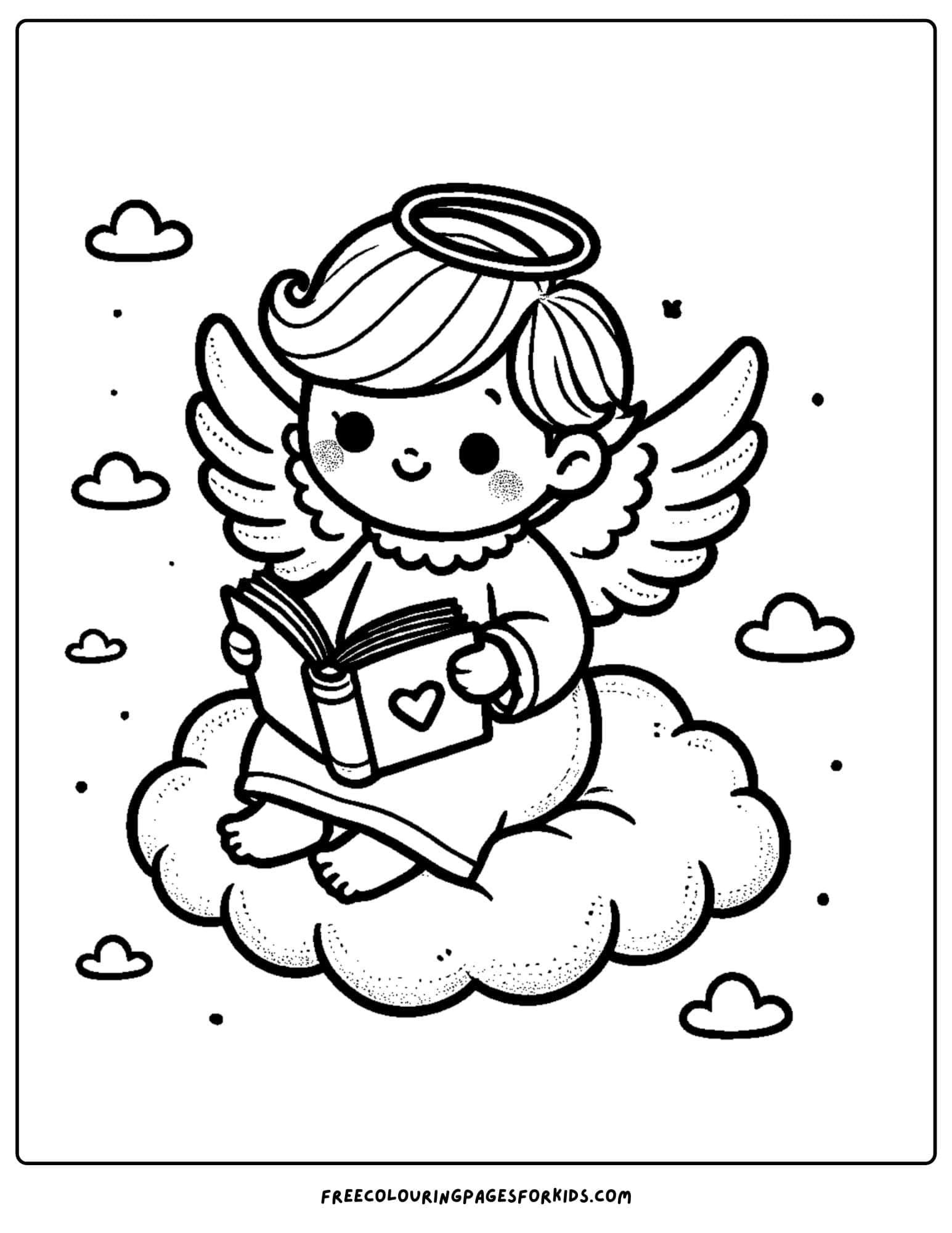 angel sitting on a cloud reading a book coloring page