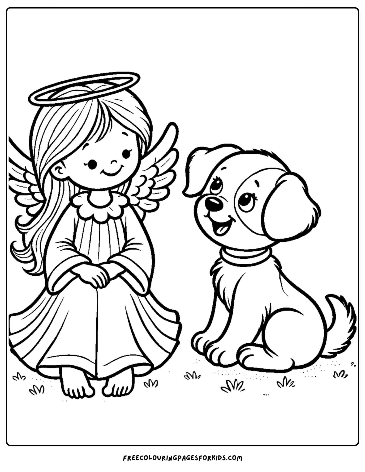 angel sitting with a puppy dog coloring page