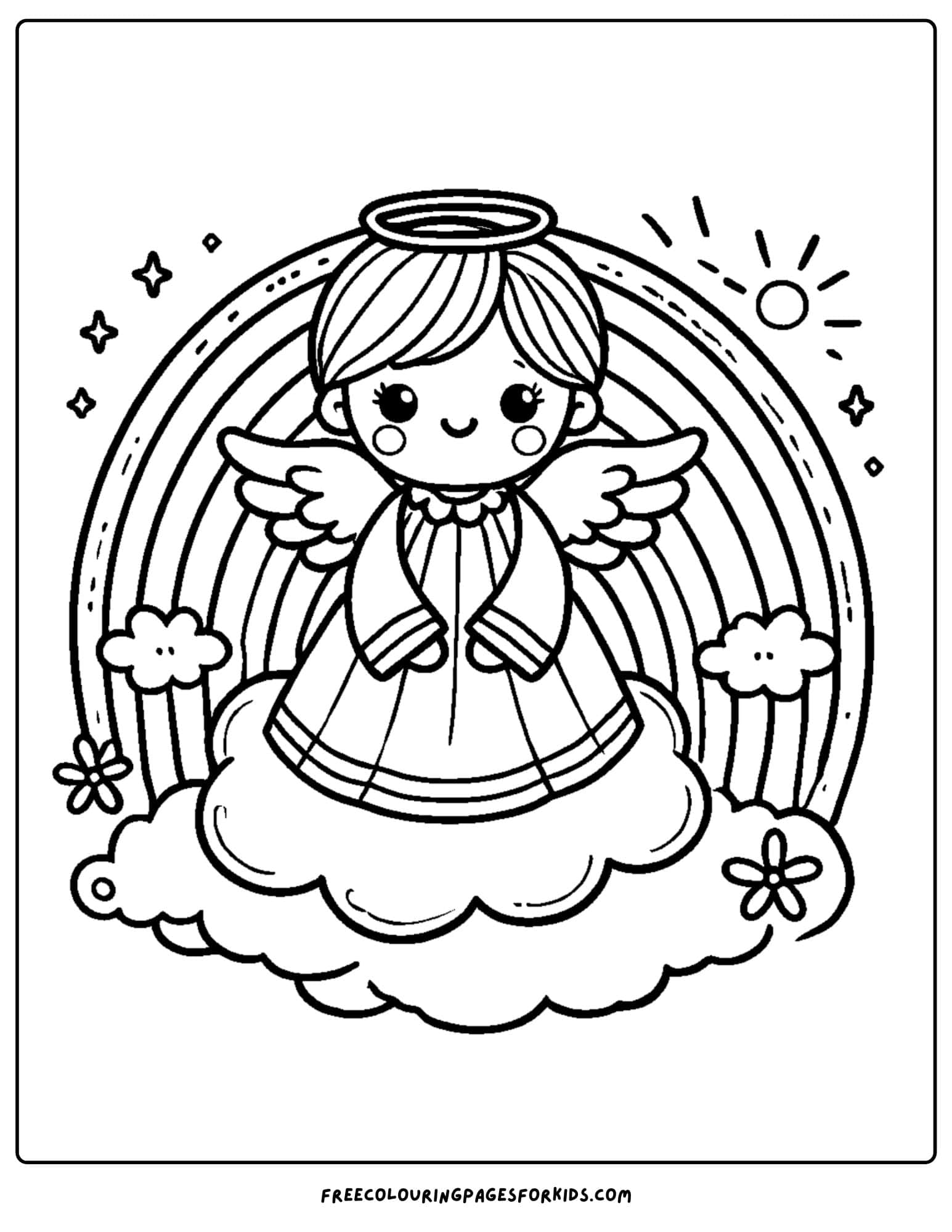 angel standing in front of a rainbow coloring page