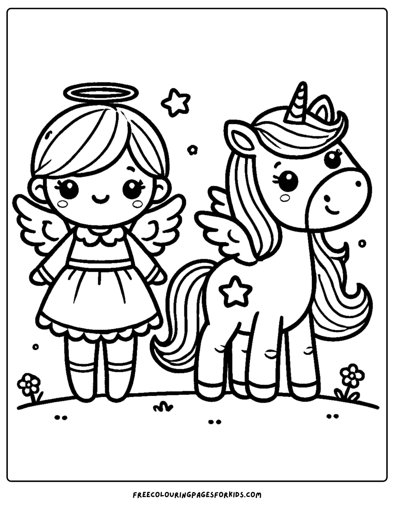 angel with a unicorn coloring page