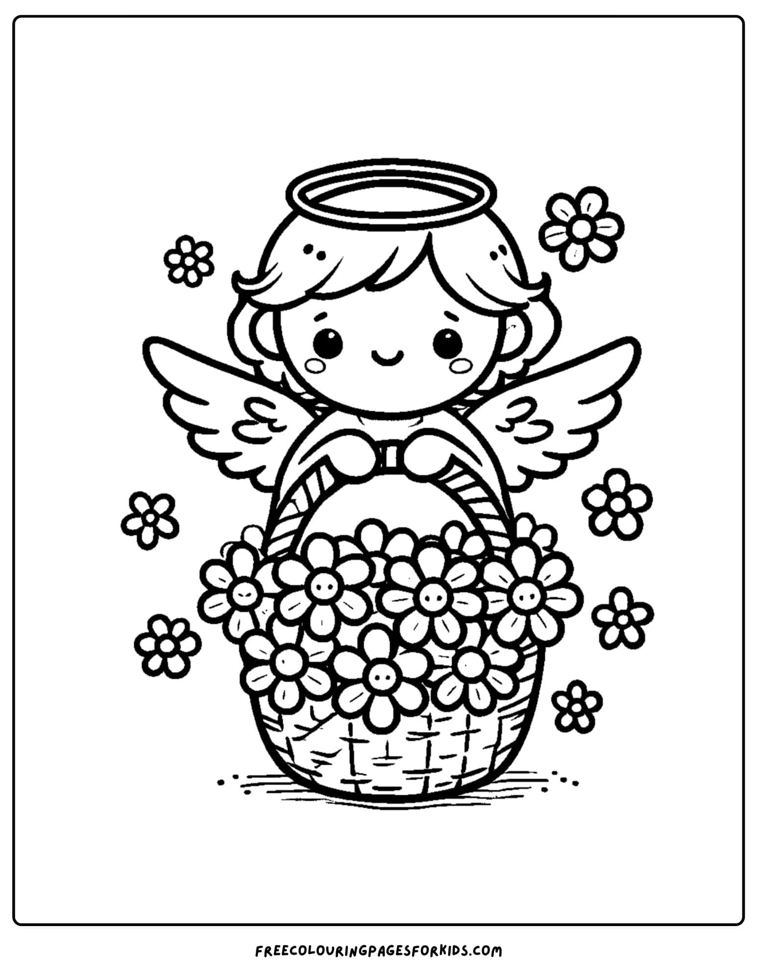 angel with a basket of flowers coloring page