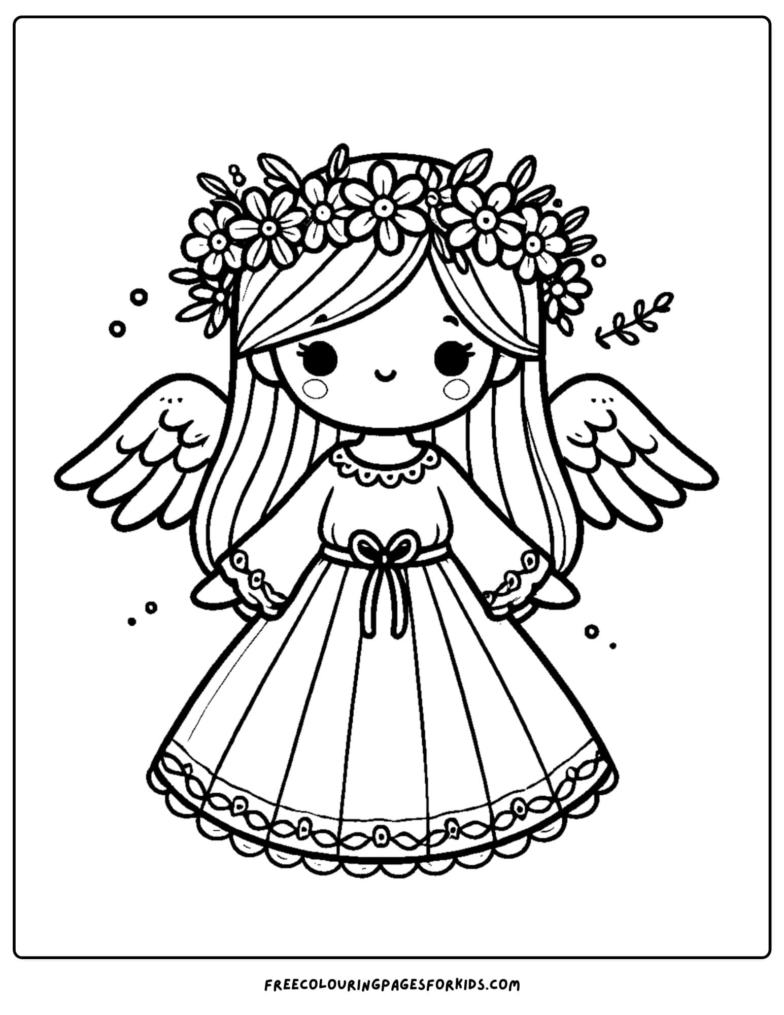 angel wearing a flower halo coloring page