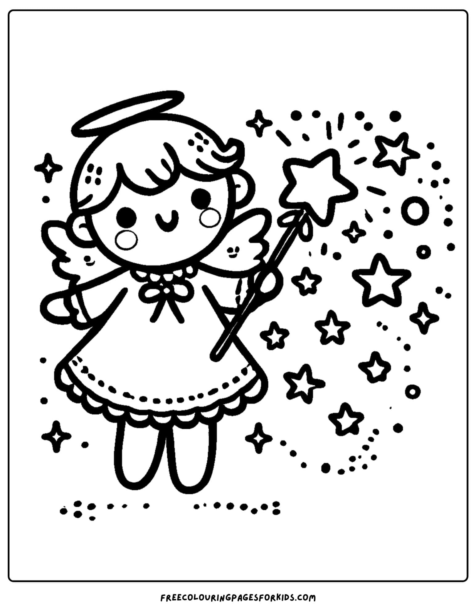 angel with a magic wand and stars around coloring page