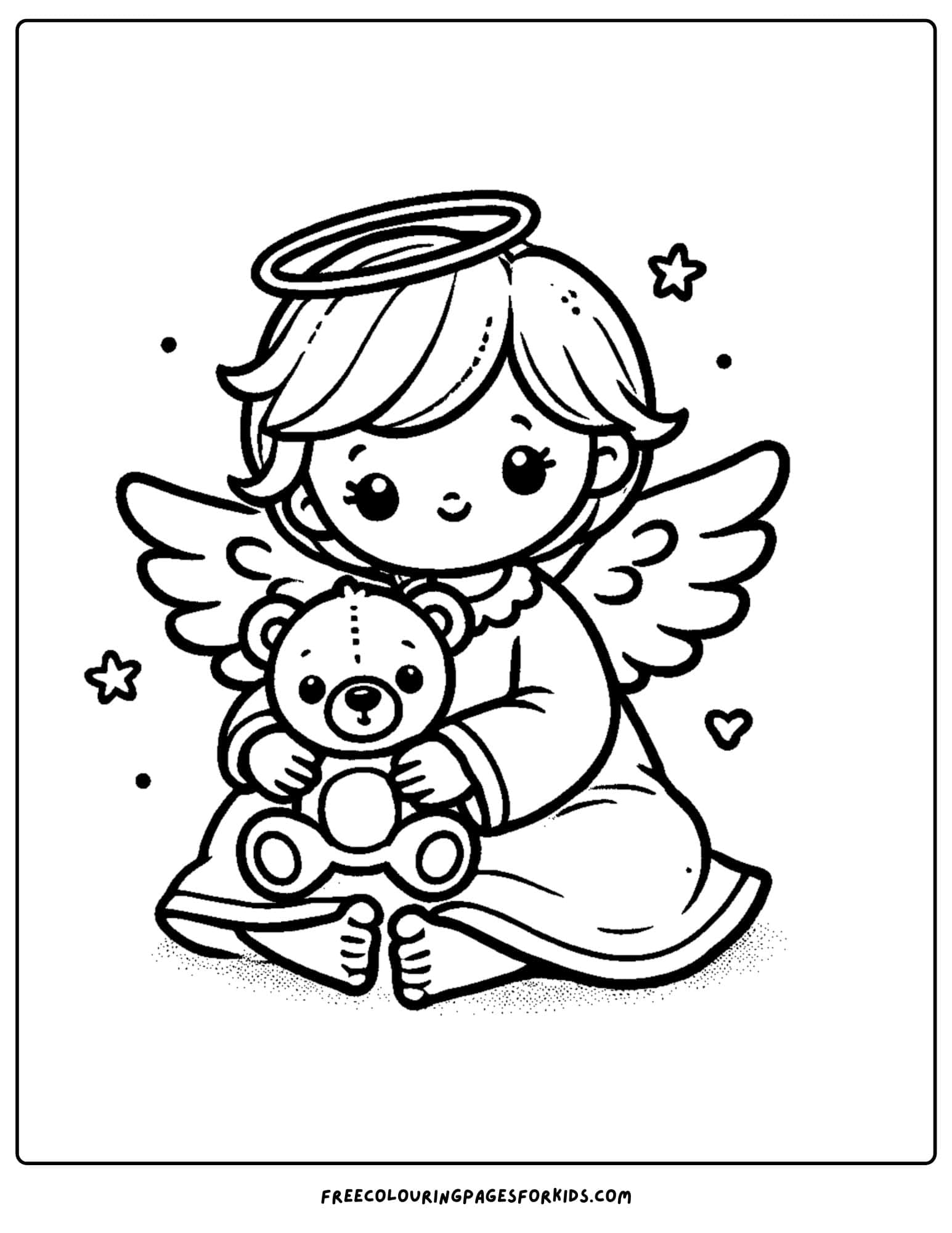 angel holding a teddy bear coloring page