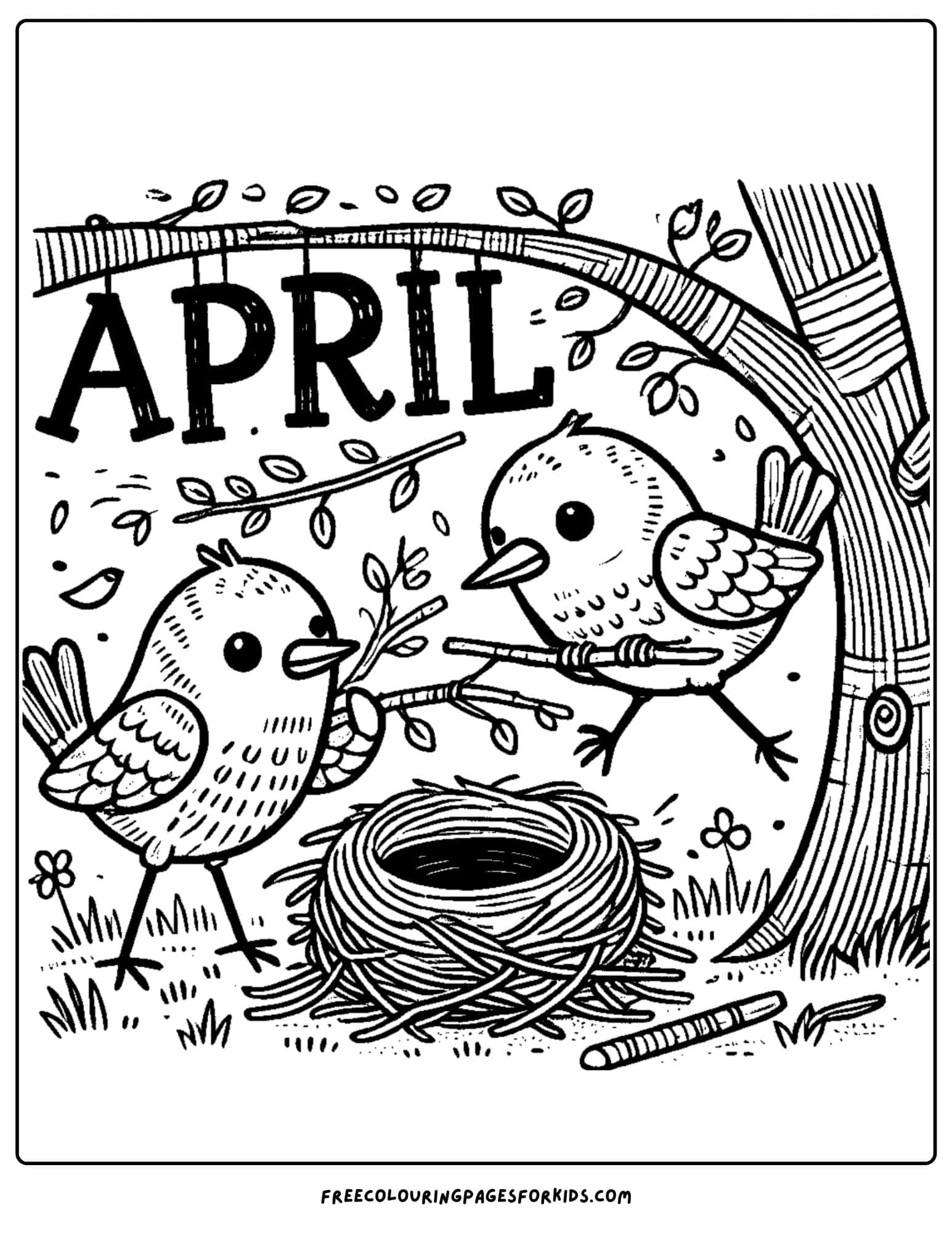 april birds building a nest coloring page