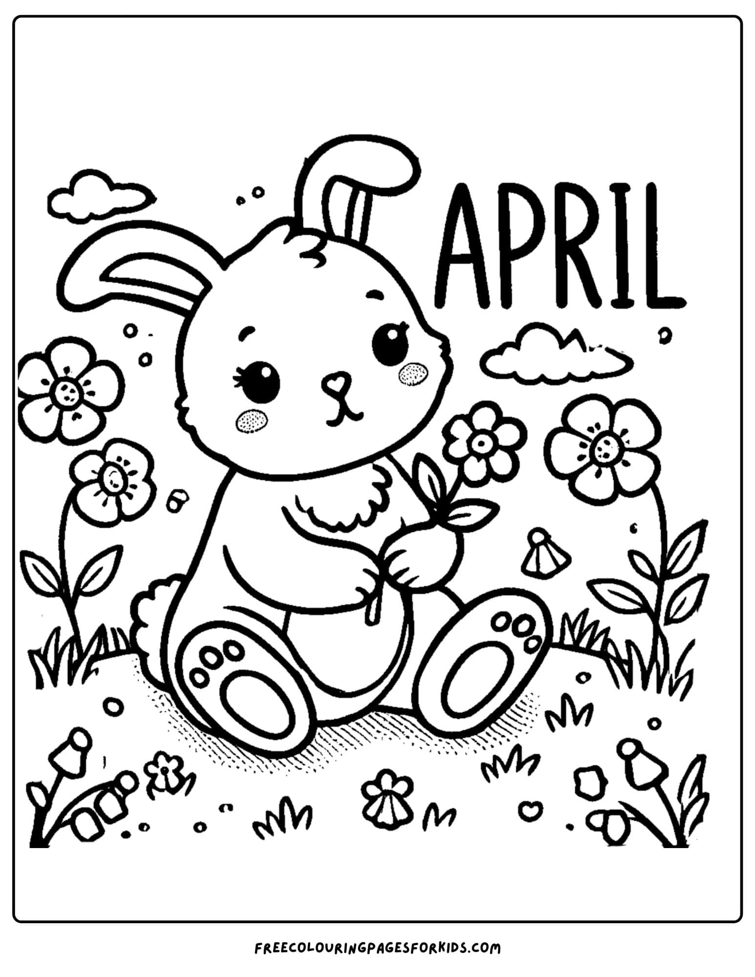 april bunny holding a flower coloring page