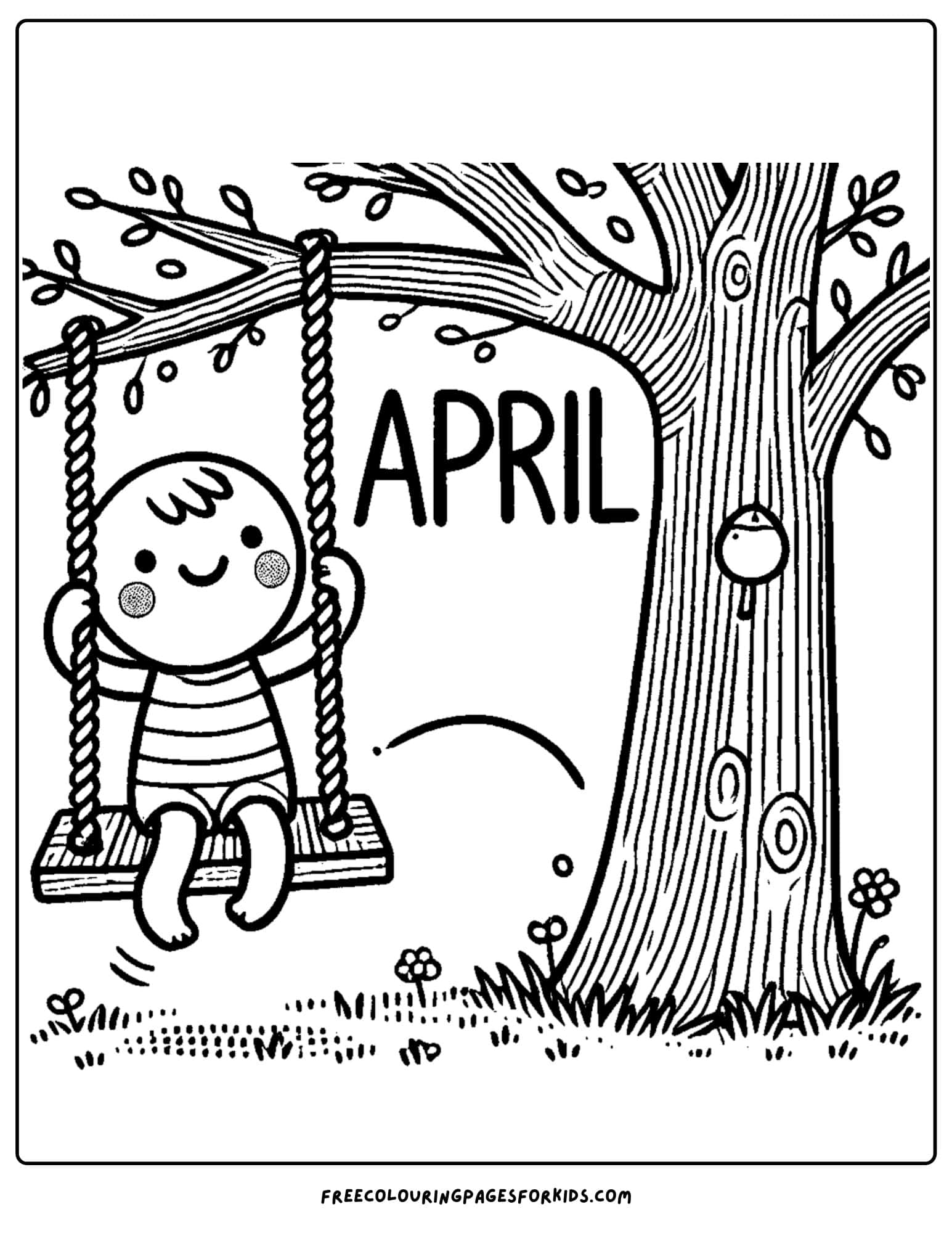 april child on a tree swing coloring page