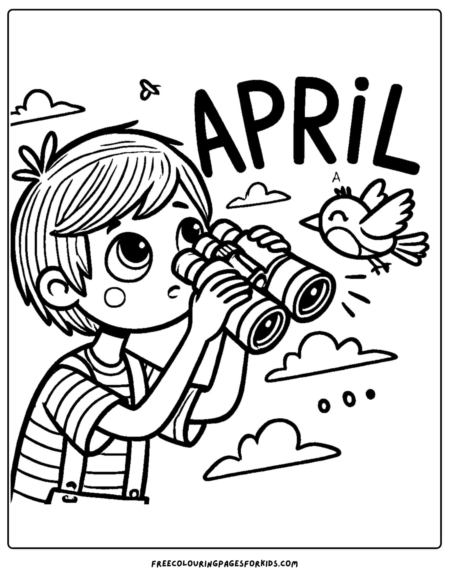 april child bird watching coloring page