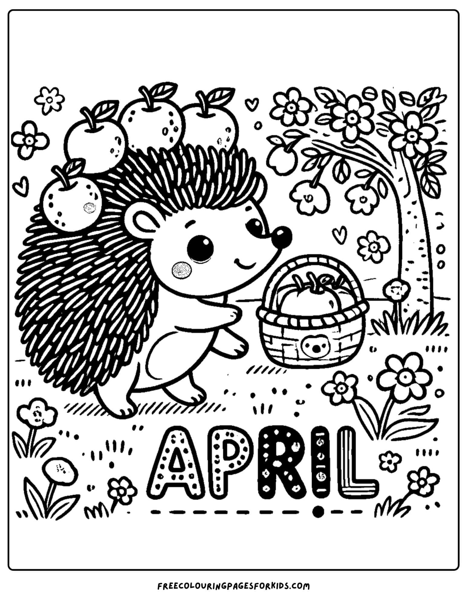 april hedgehog carrying apples coloring page