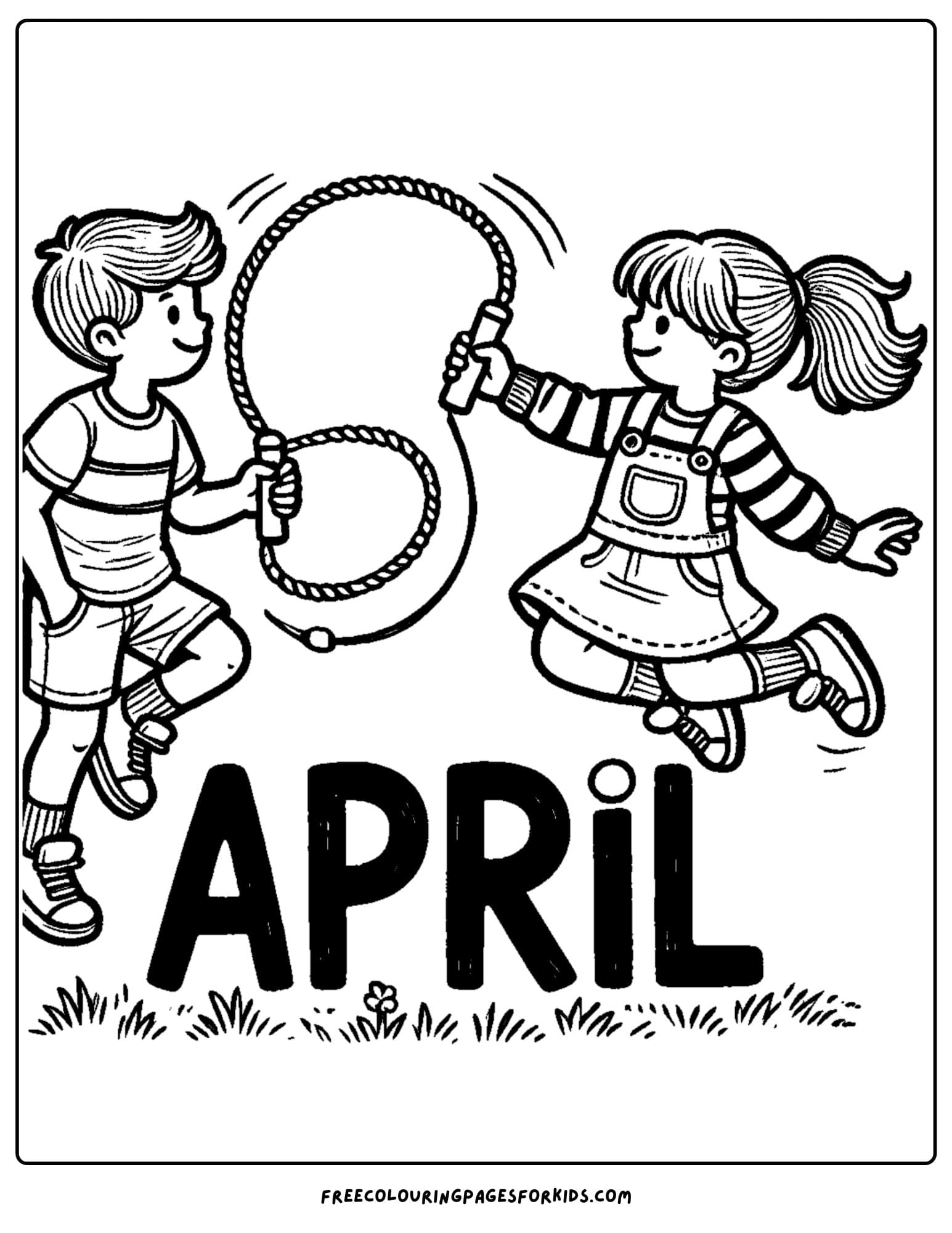 april kids jumping rope coloring page