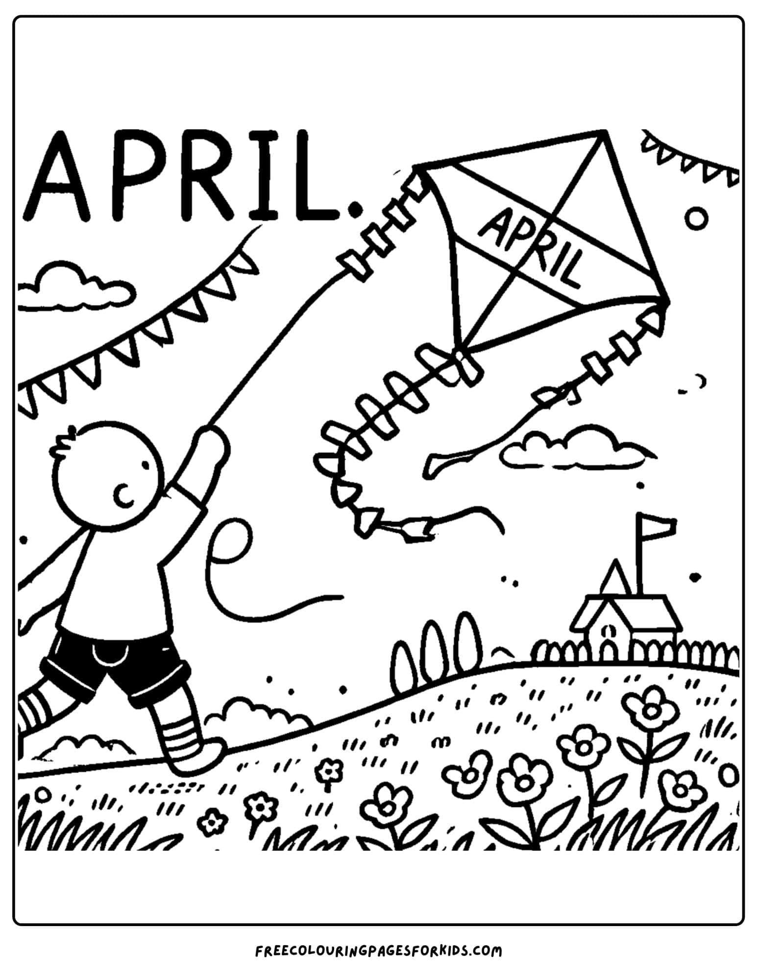 april child flying a kite coloring page