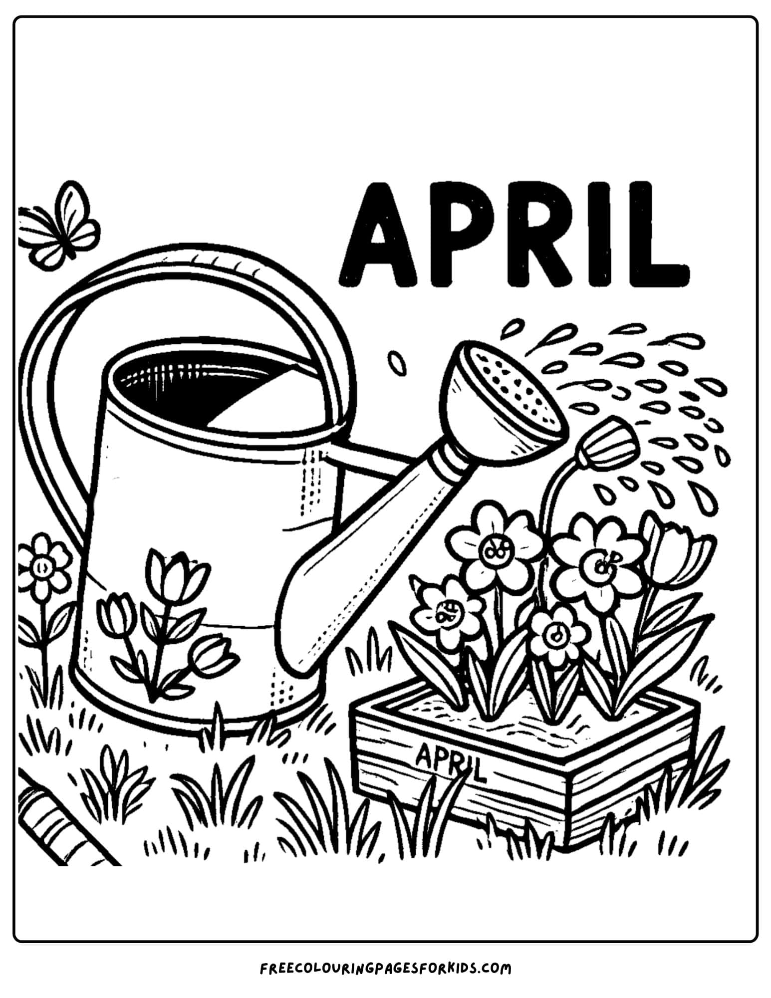 april watering can and flowers coloring page