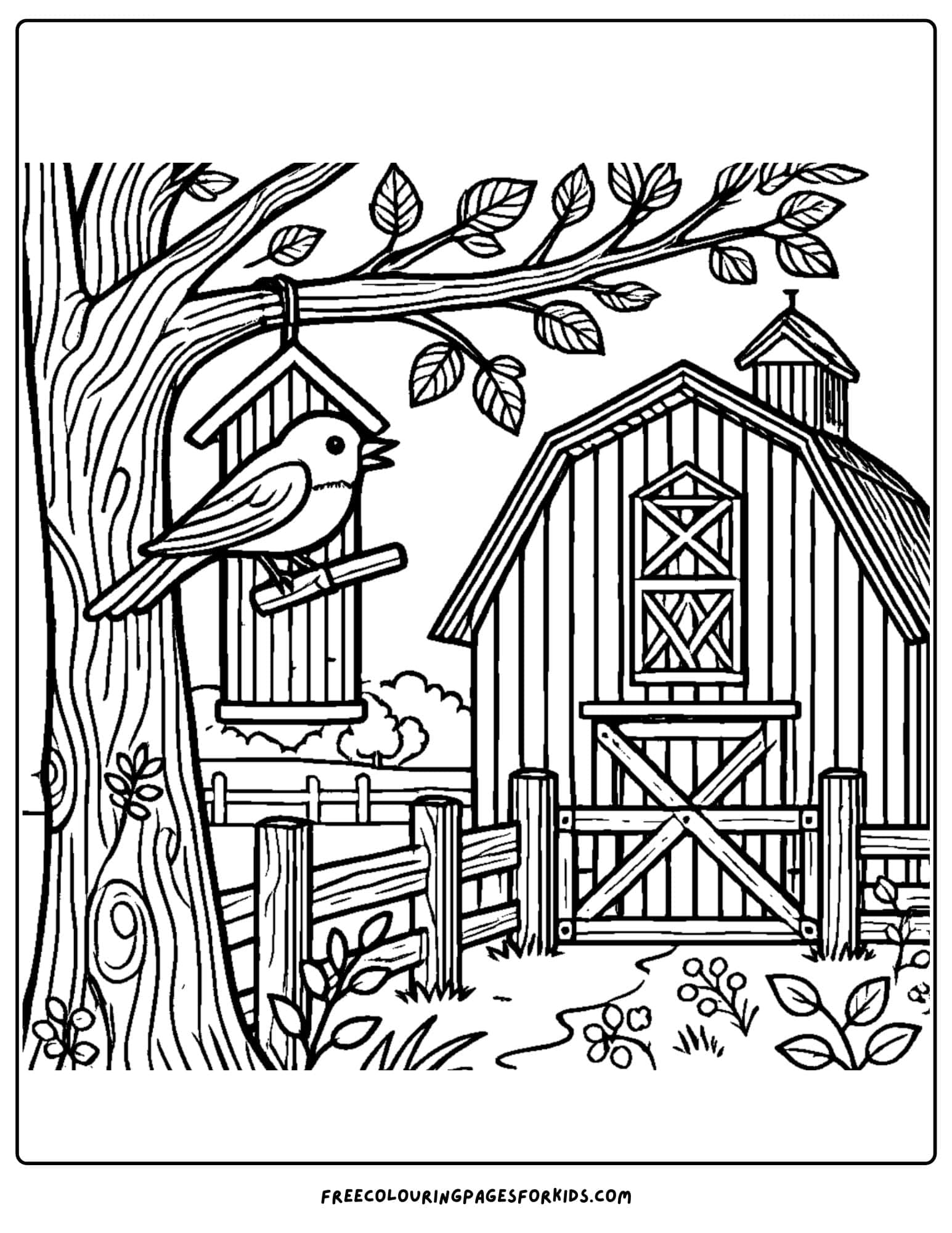 barn with birdhouse in a tree coloring page