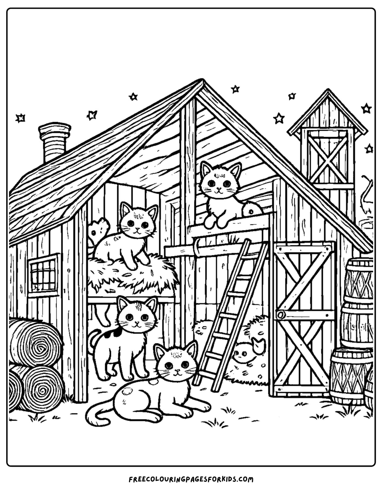 barn and kittens playing coloring page