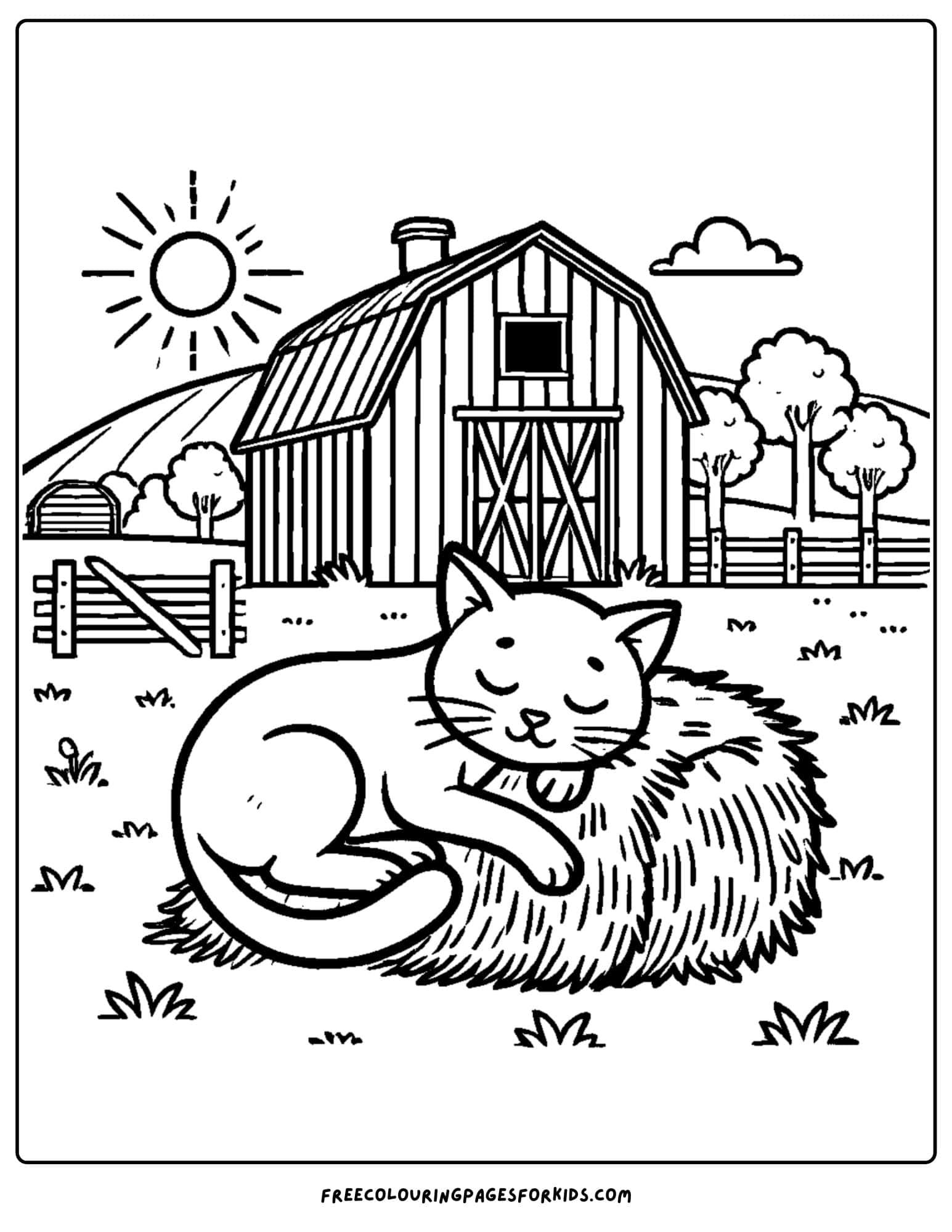 barn and a cat coloring page