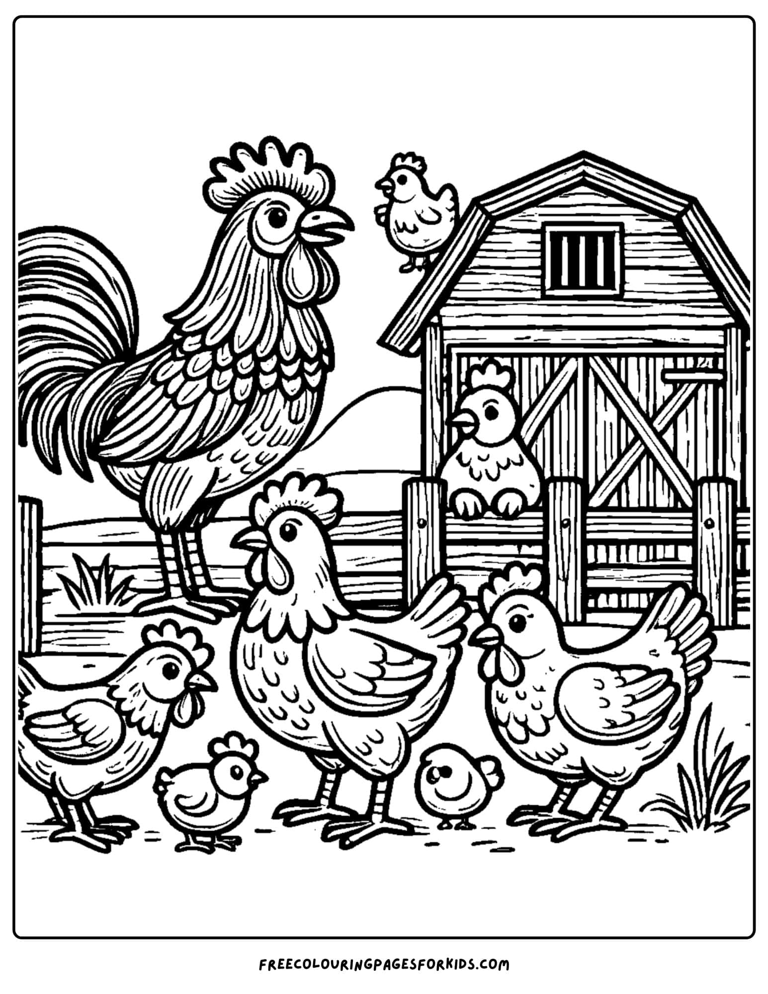 barn and chickens coloring page