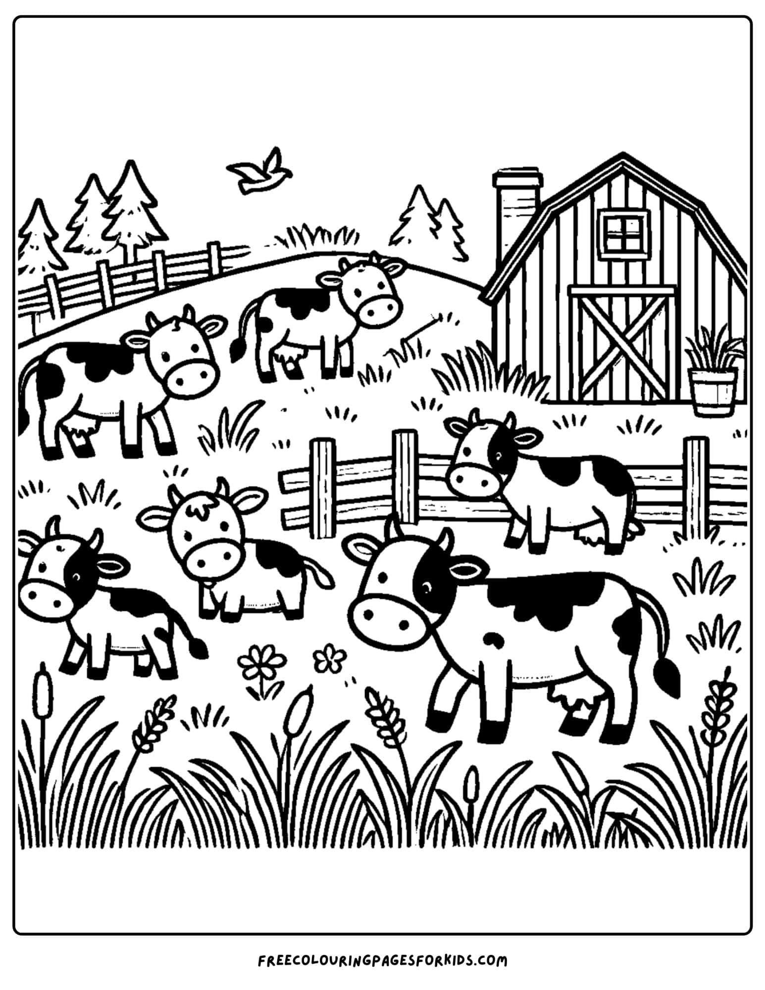 barn and cows coloring page