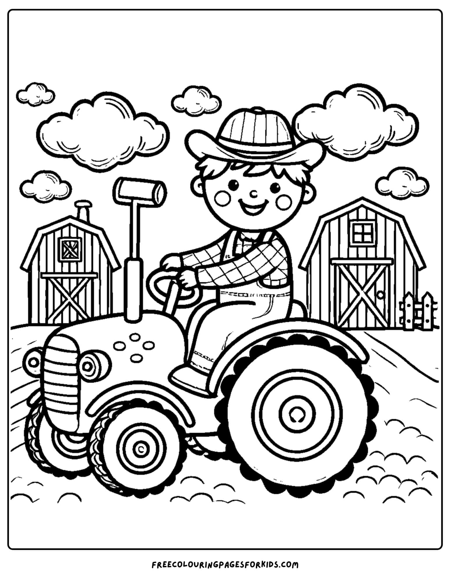 barn and farmer with tractor coloring page