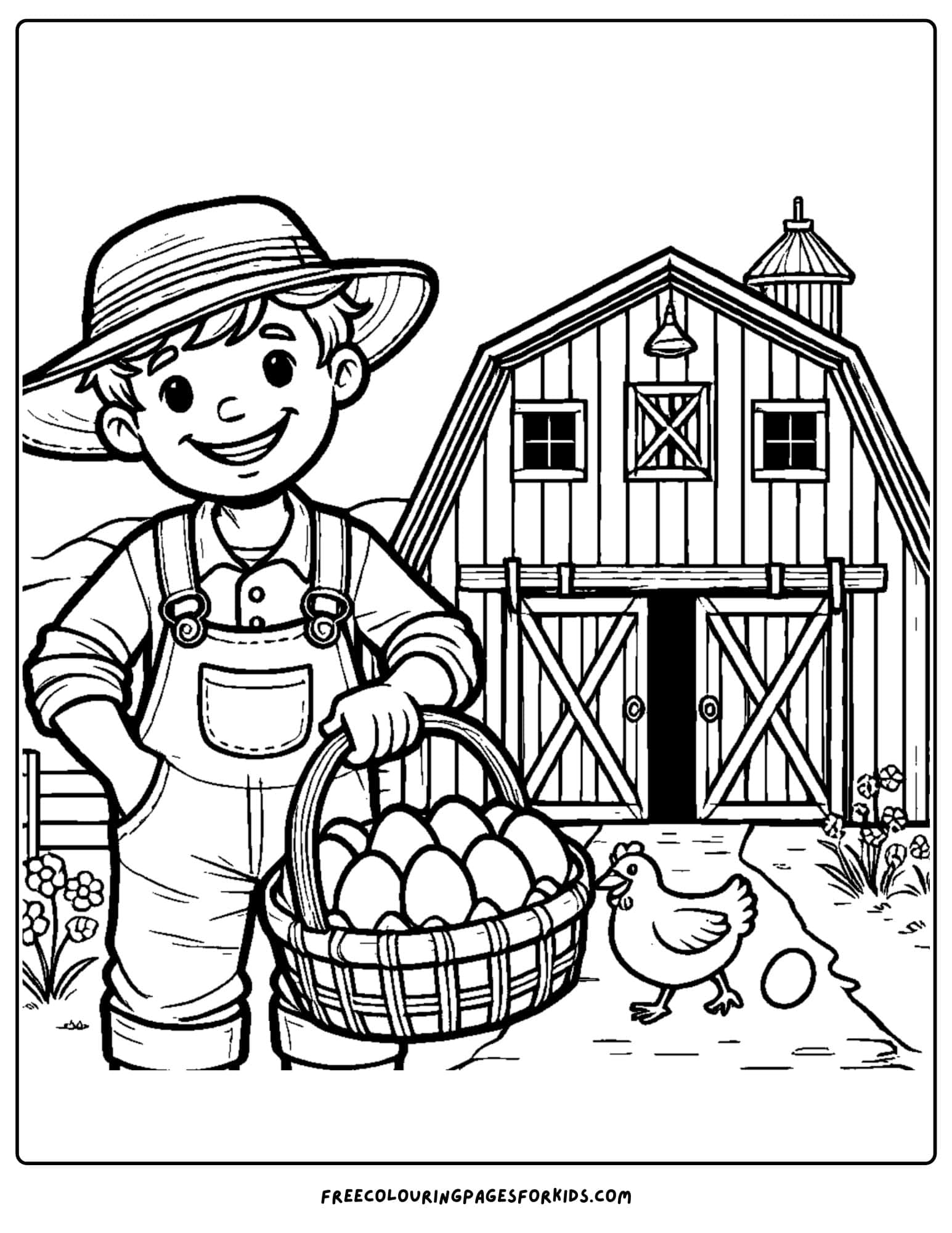 barn and farmer with eggs coloring page