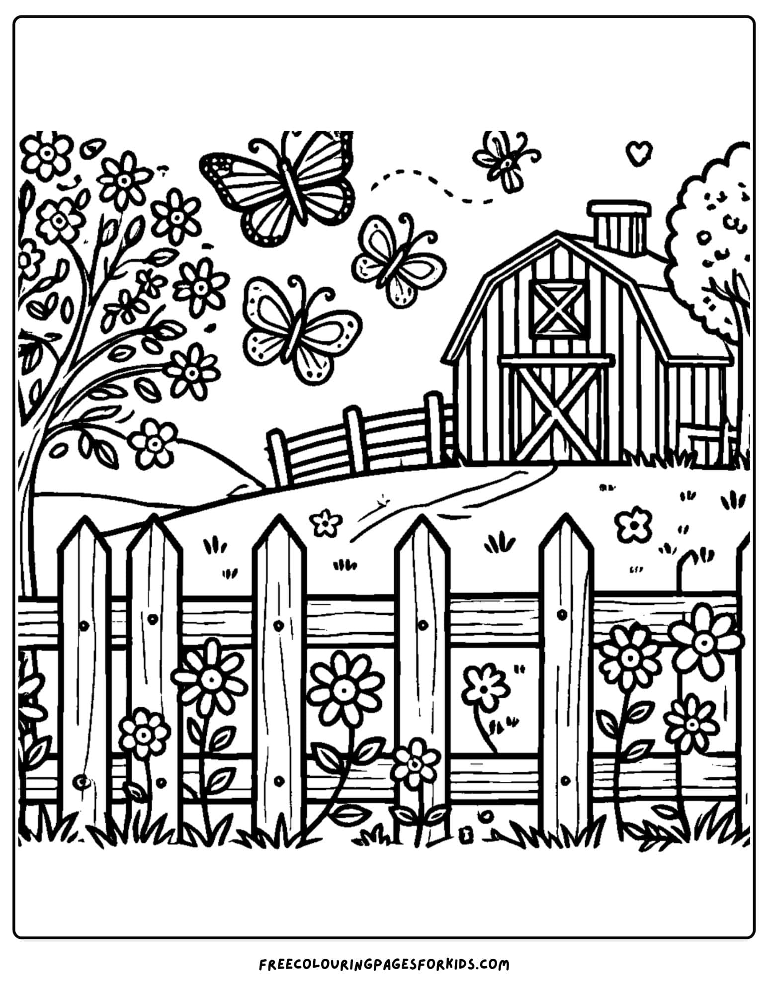 barn with fence and butterflies coloring page