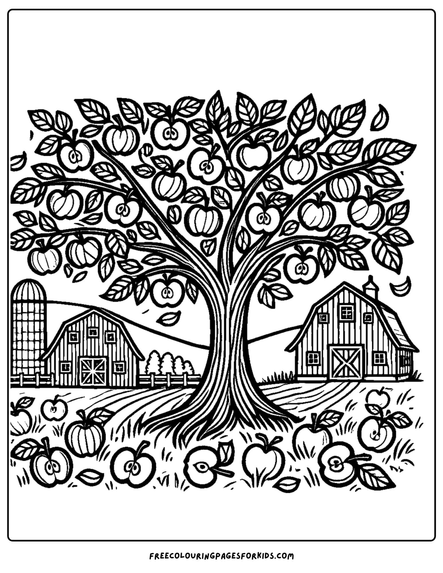 barn and apple tree coloring page