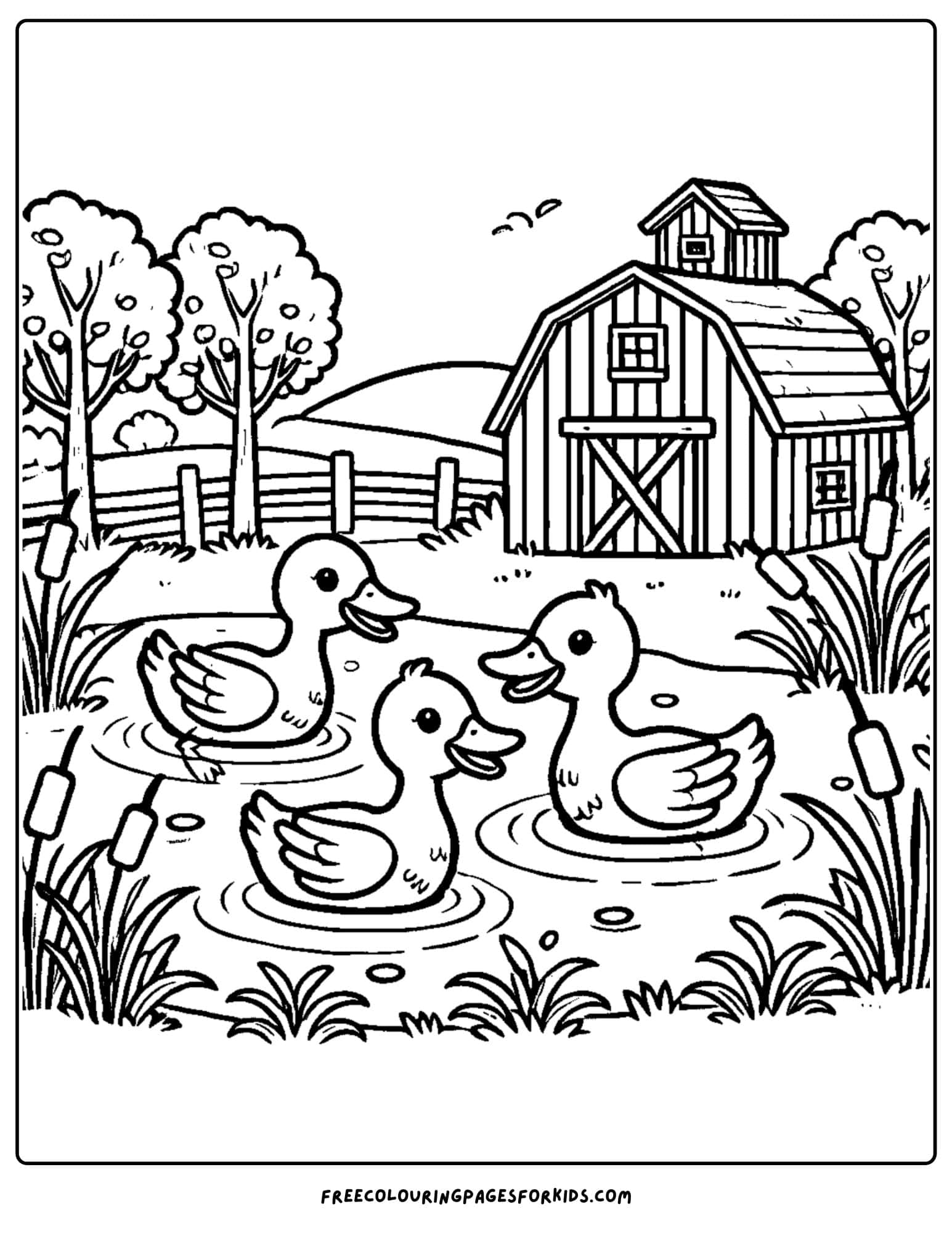 barn with ducks in a pond coloring page