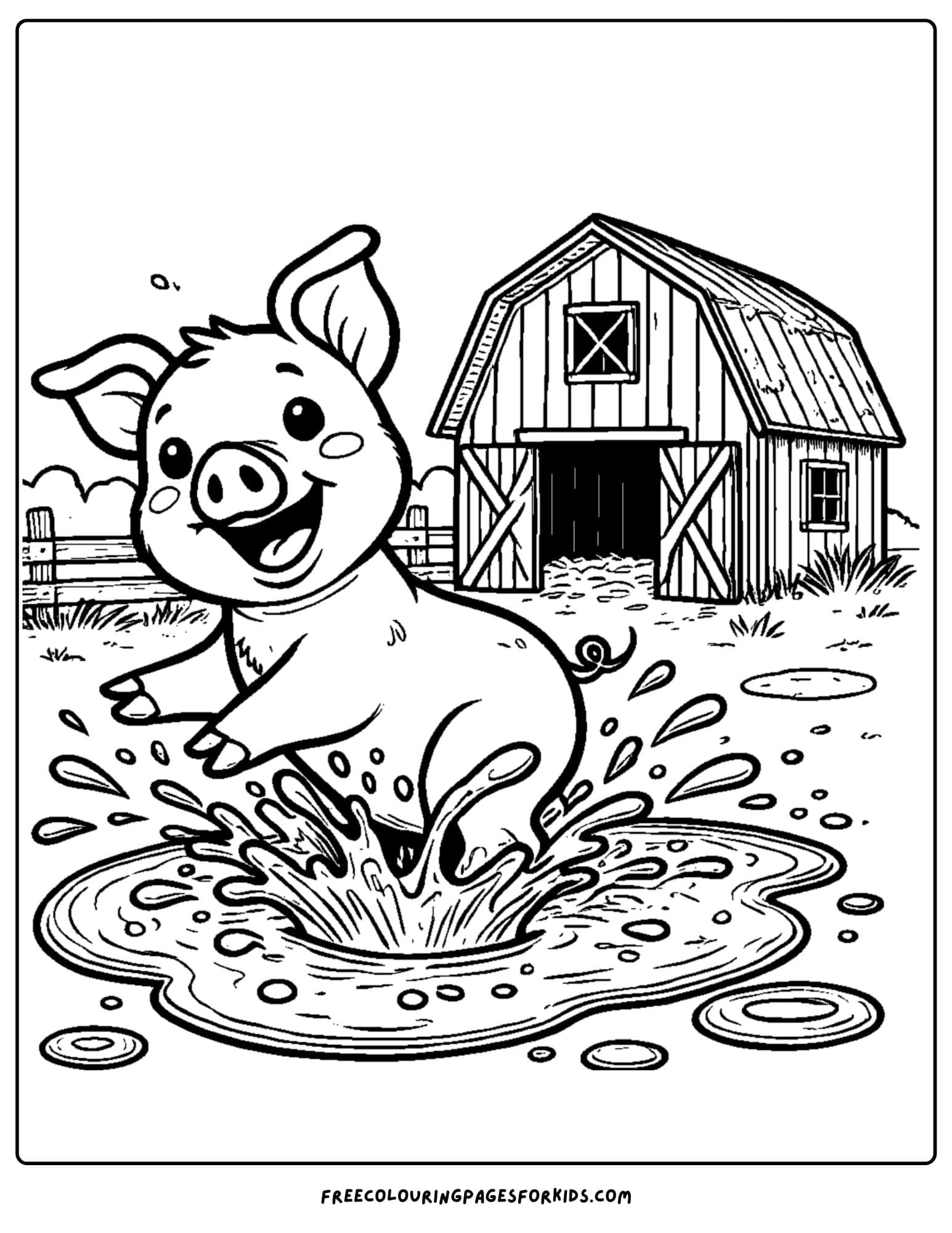 barn with a pig in the mud coloring page